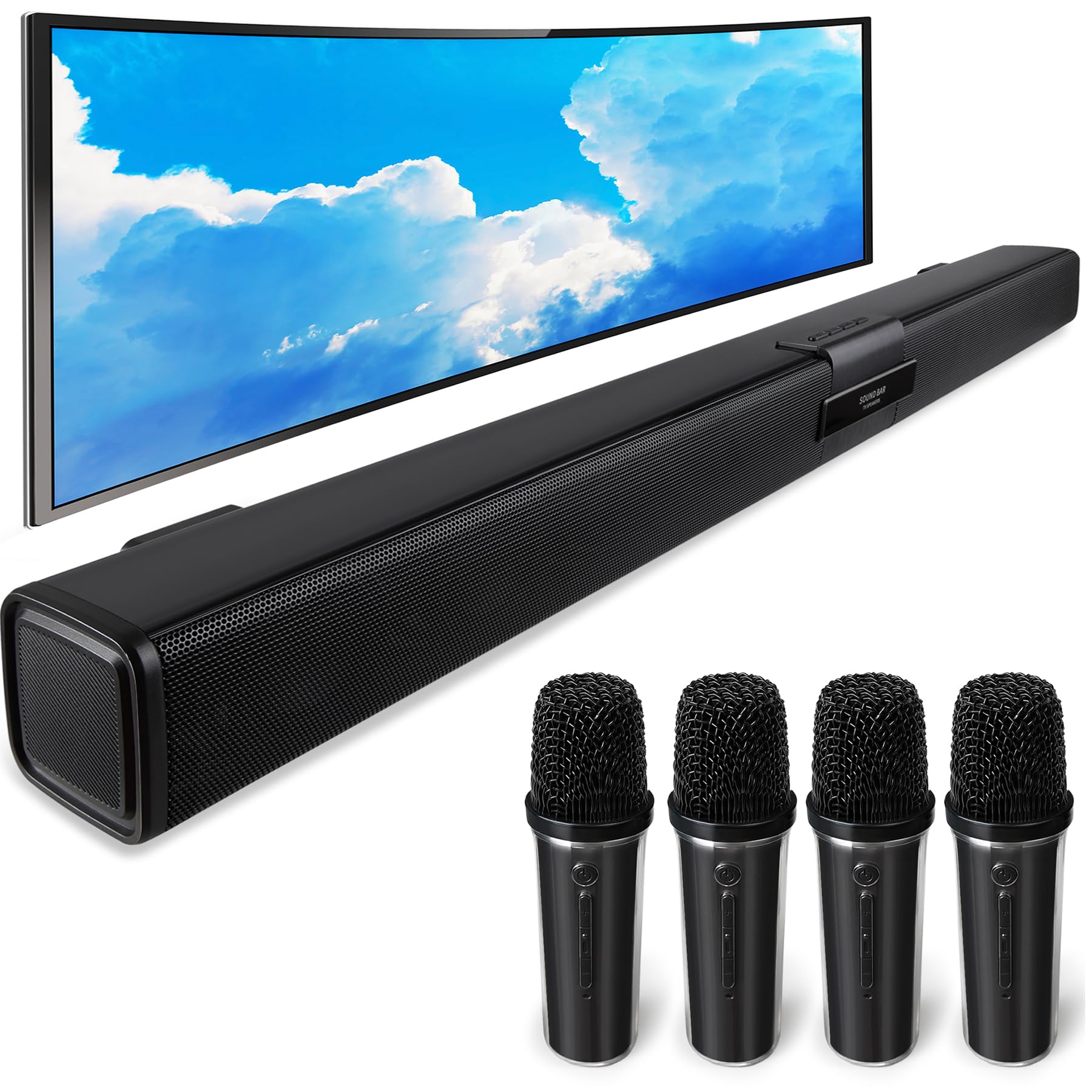 Premium Bluetooth Soundbar for Smart TV with 4 Wireless Mics - AUX/USB/TF/Coaxial Inputs, Surround Sound System (Black) - Perfect for Home Theater, Gaming & Movie Nights