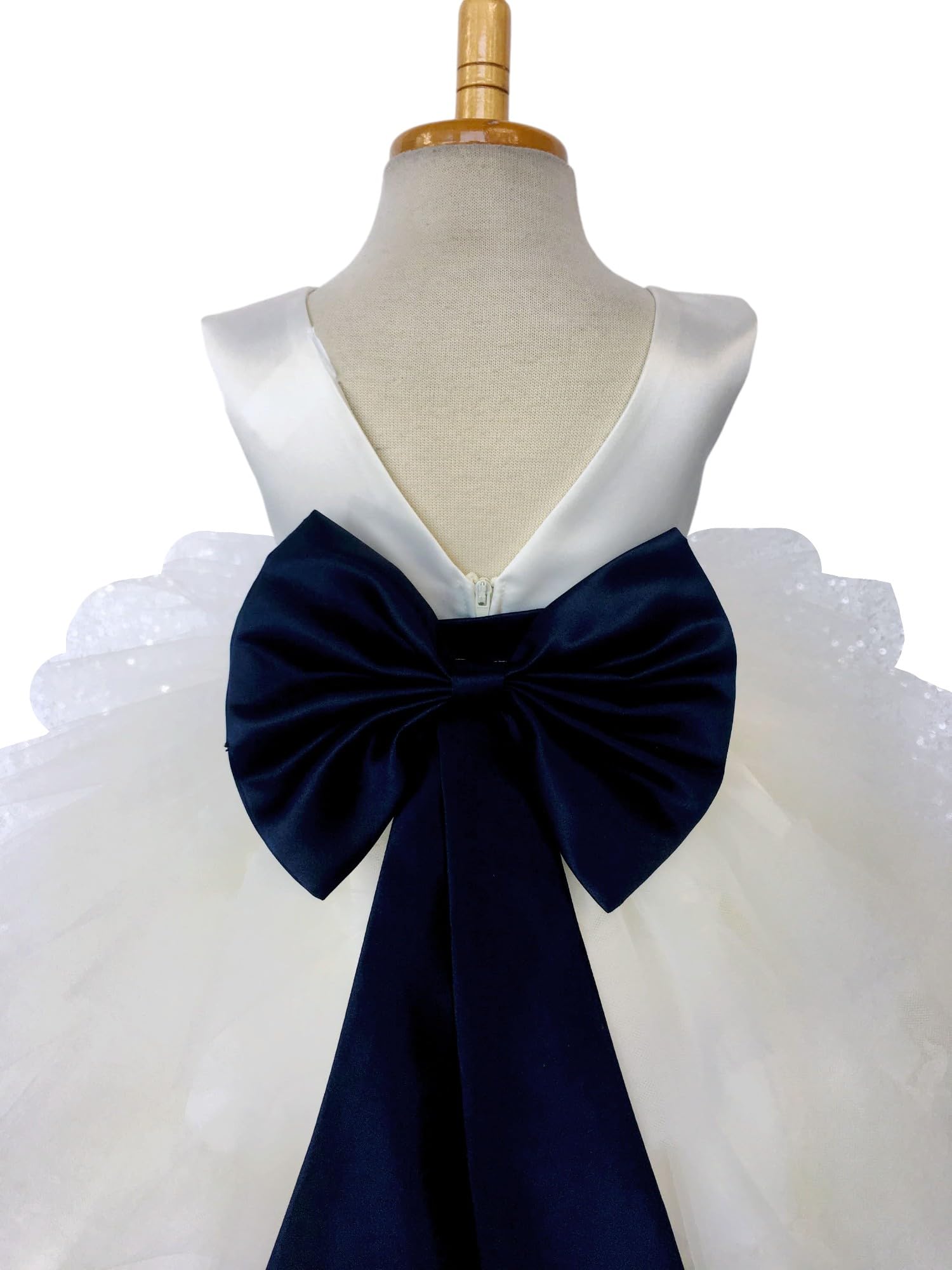Ivory Sleeveless High-Low Tulle Flower Girl Dress with Ruffle Trim - Perfect for Weddings, Birthday Parties & Special Occasions (Size 16, Includes Navy Blue Accessories)