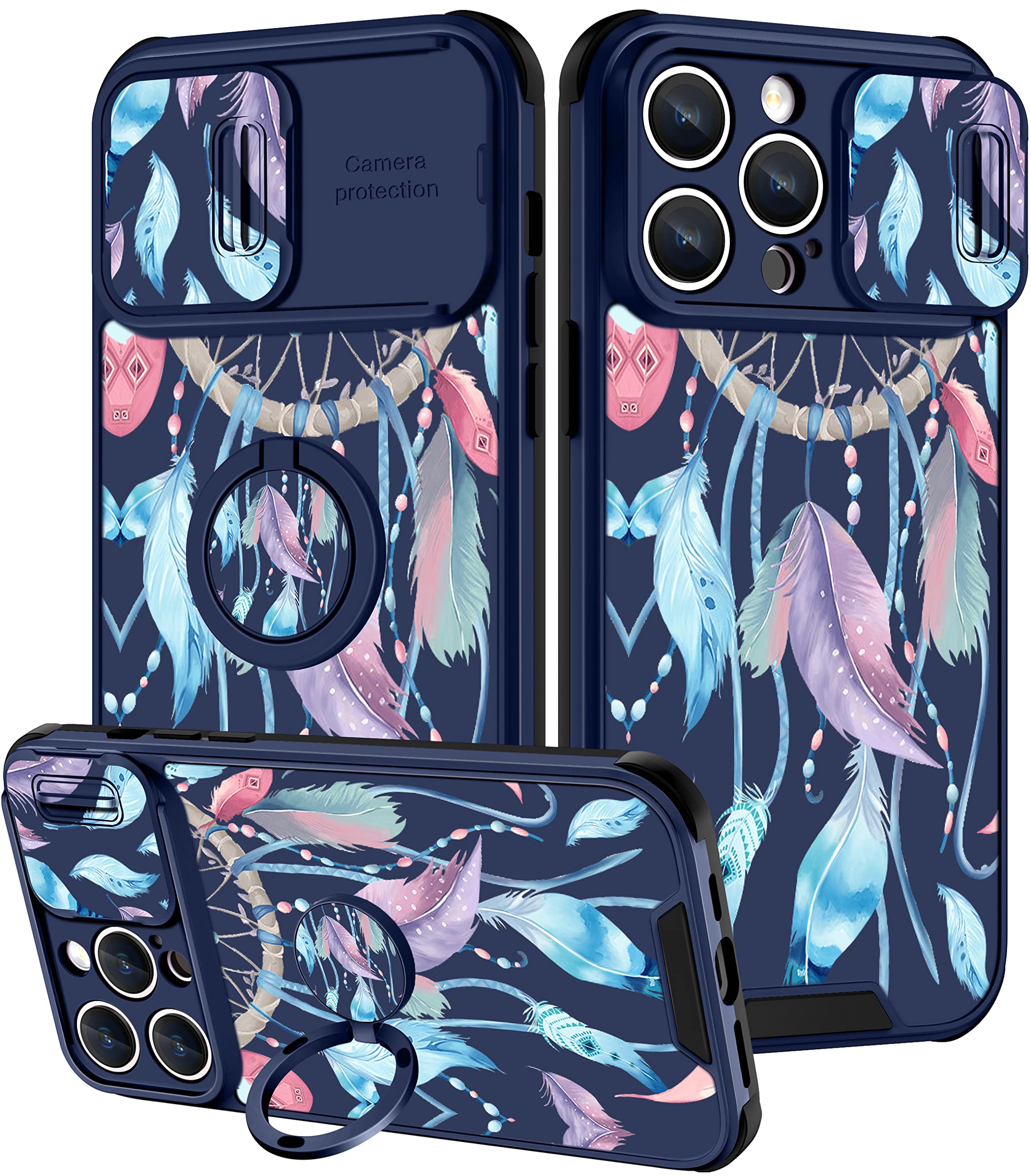 2in1 iPhone 14 Pro Max Case with Slide Camera Cover & Ring Holder - Dream Catcher Aesthetic Fashion Design for Women Girls (6.7
