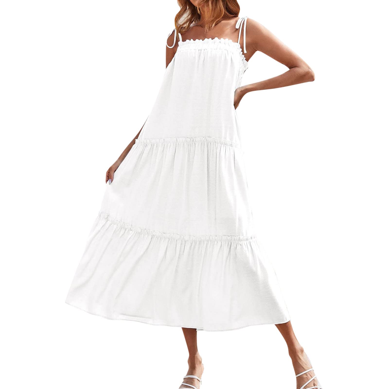 Boho Maxi Dress for Women - Summer Sleeveless Spaghetti Strap Smocked Tiered Loose Beach Dress | Casual Sun Dress for Vacation, Pool Party & Outdoor Activities