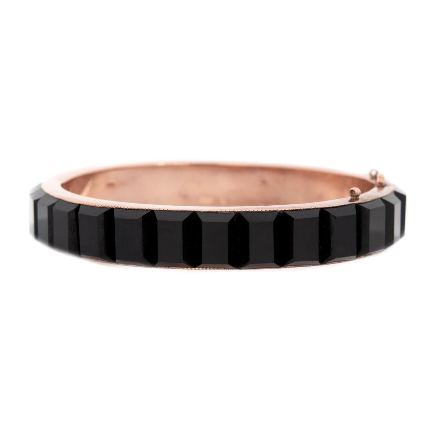 Victorian Style 14k Gold Onyx Hinged Bangle Bracelet - Elegant Antique Jewelry for Women, Perfect for Weddings, Parties & Special Occasions
