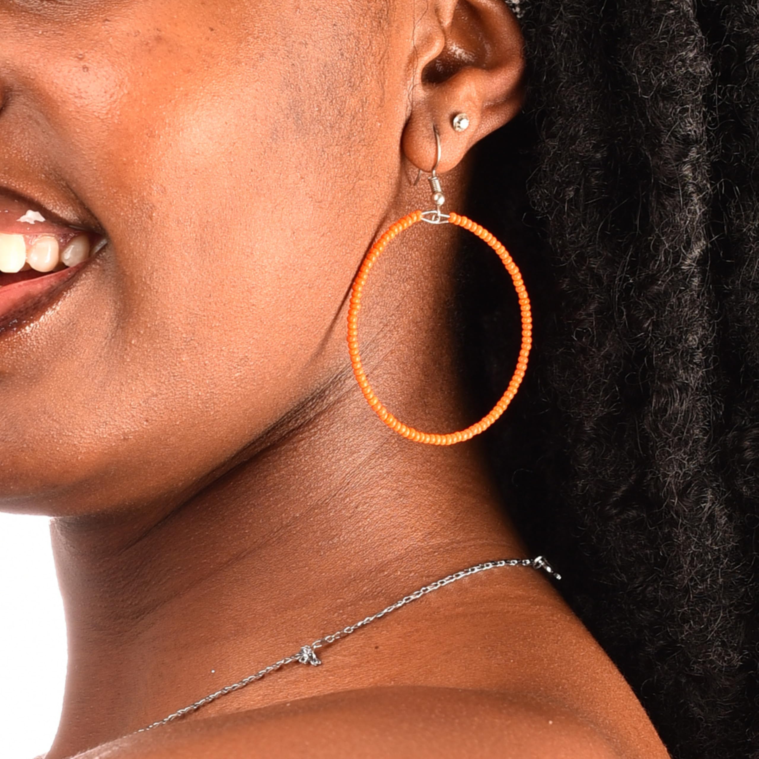 Handmade African Jewelry Set for Women - Boho Orange Beaded Bracelet, Anklet & Hoop Earrings | Colorful Ethnic Accessories for Festival, Beach & Everyday Wear