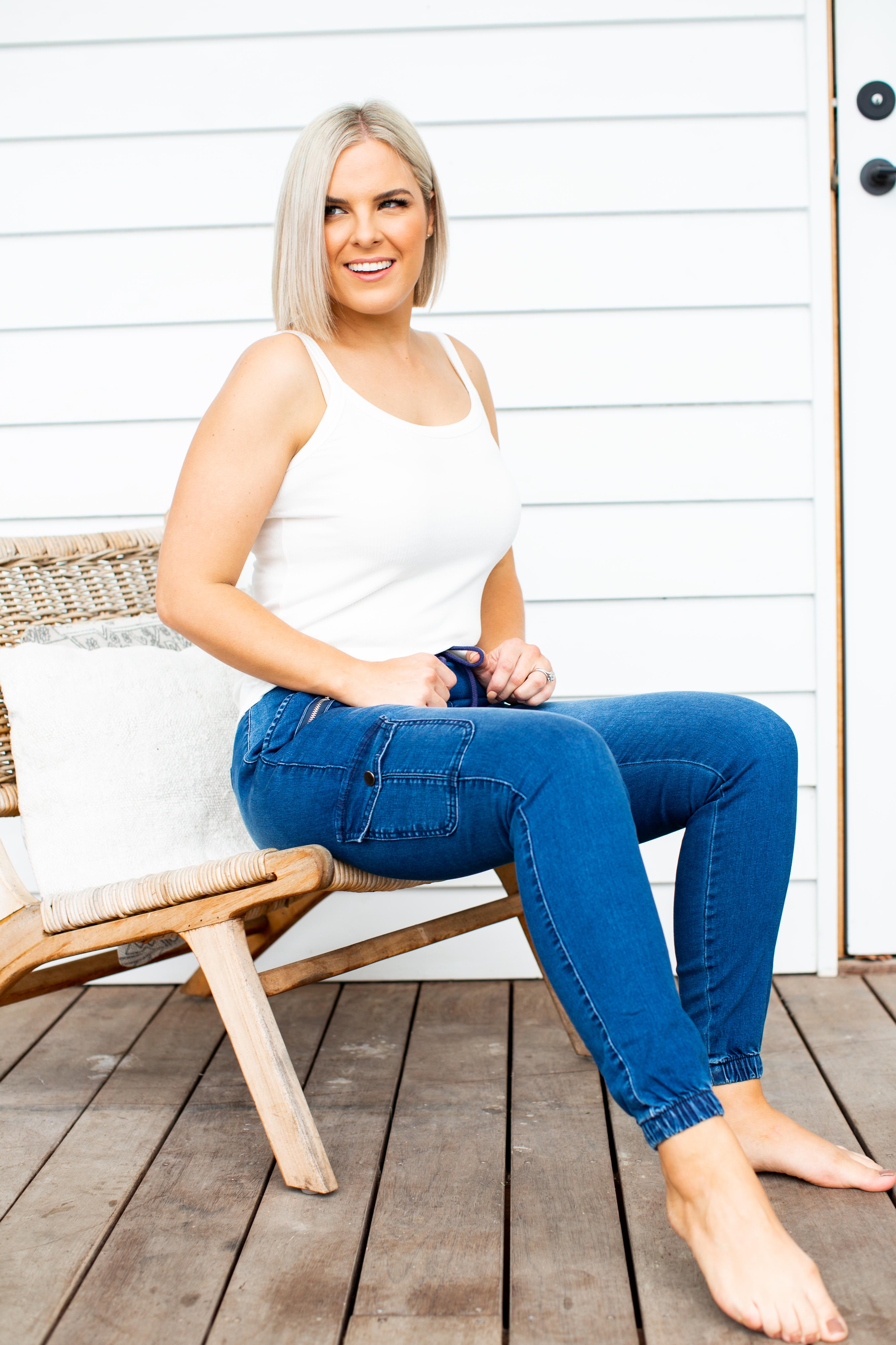 Florence Denim Joggers for Women - Stretch Comfortable Dark Blue Casual Pants | Perfect for Lounge, Travel & Everyday Wear