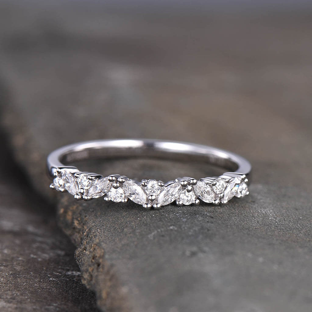 Vintage Cluster Moissanite Ring for Women - 14K Yellow Gold Marquise Stackable Wedding Band, Art Deco Inspired Jewelry for Bridal, Anniversary, and Special Occasions