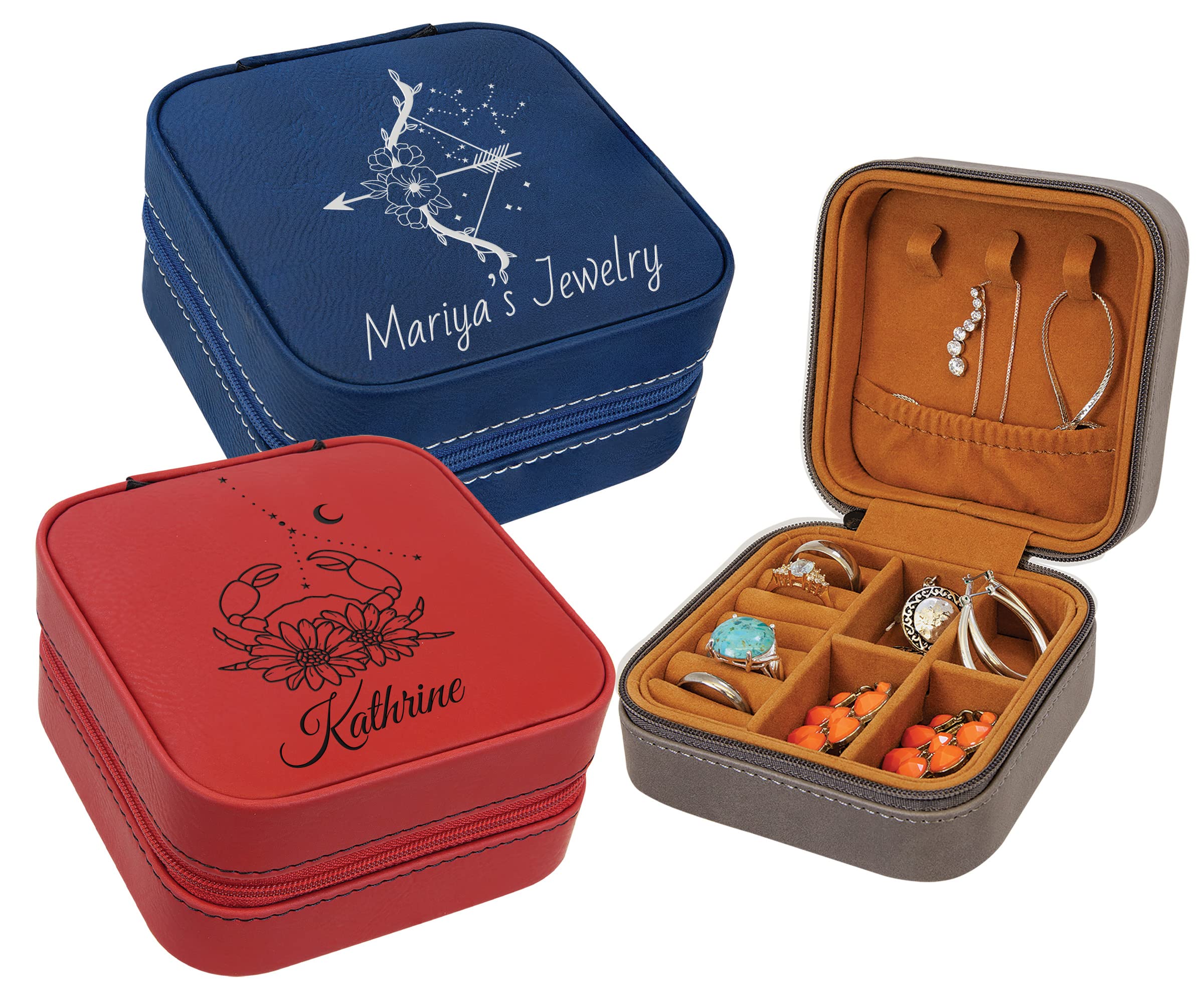 Personalized Leather Jewelry Box with Name & Zodiac Sign Engraving - Elegant Jewelry Organizer for Women, Custom Travel Jewelry Case - Perfect Birthday, Wedding, Anniversary Gift for Mom, Wife, Girlfriend (Red) - Great for Home Storage, Travel & Special Occasion Gifts