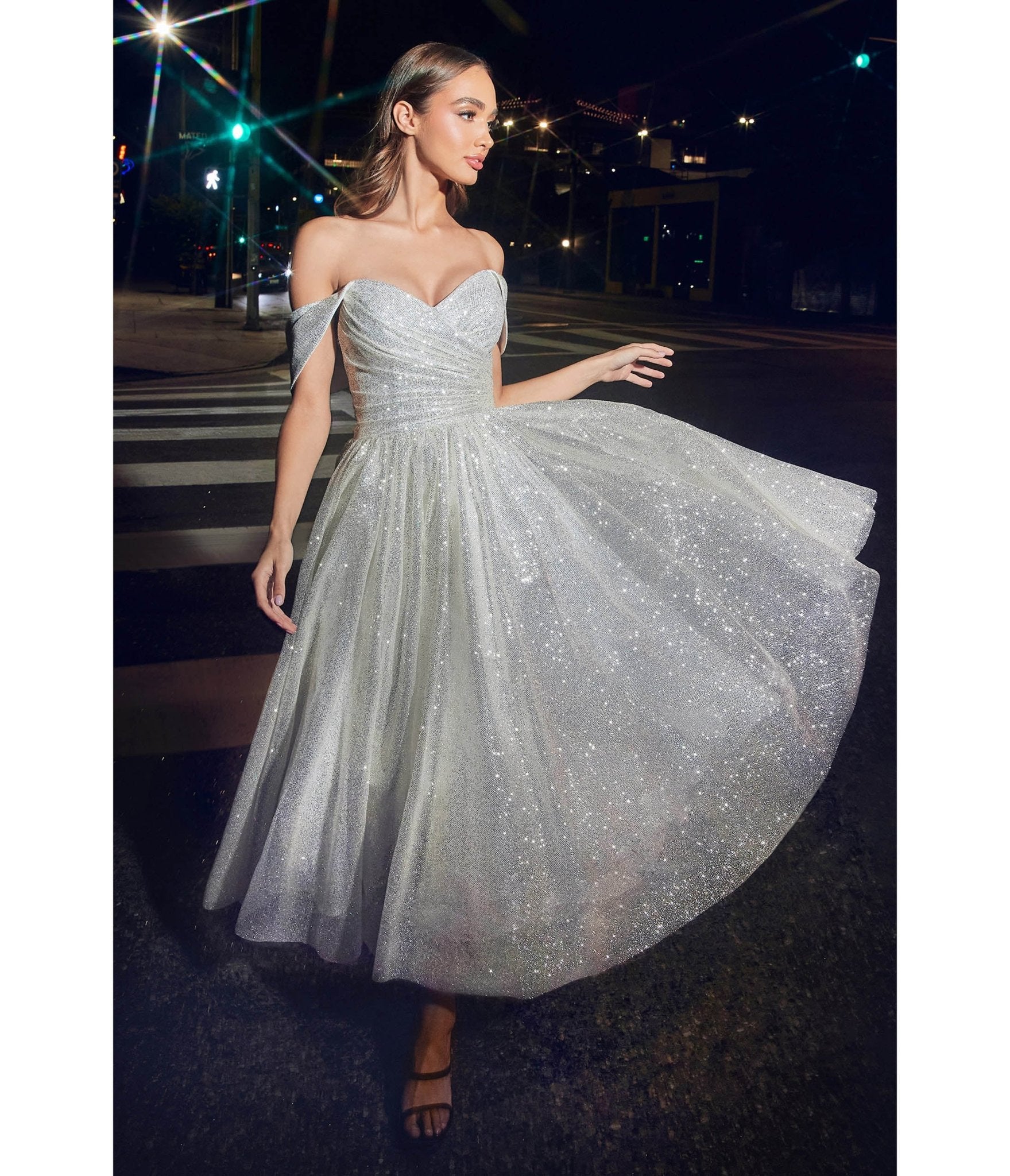 Cinderella Divine Off White Glitter Off Shoulder Tea Length Prom Dress - Elegant Formal Gown for Homecoming, Quinceañera & Evening Parties