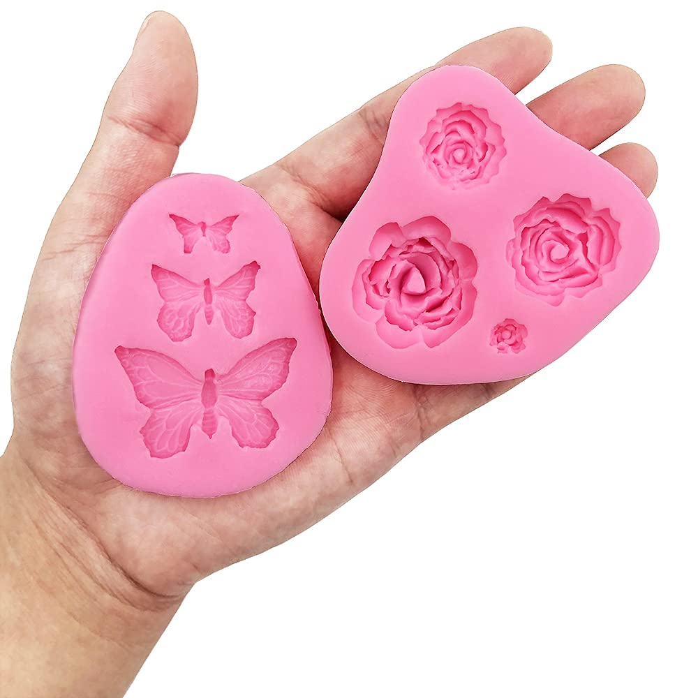 4 Pack Fondant Molds - Butterfly & Rose Silicone Molds Set for Chocolate, Cake Decorating, Polymer Clay, Soap Making - DIY Baking & Crafting Supplies for Weddings, Parties & Home Decor Projects