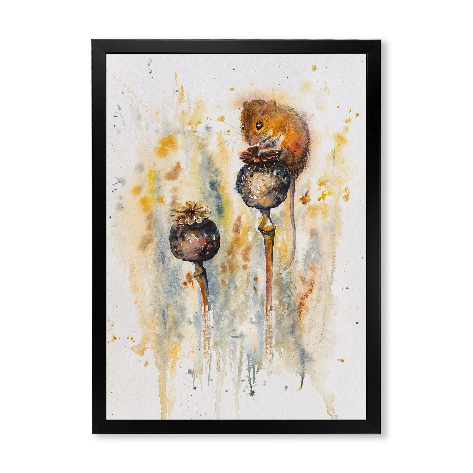 DesignQ Mouse Sitting On Poppies Traditional Framed Wall Art - Vintage Floral Home Decor for Living Room, Bedroom & Office