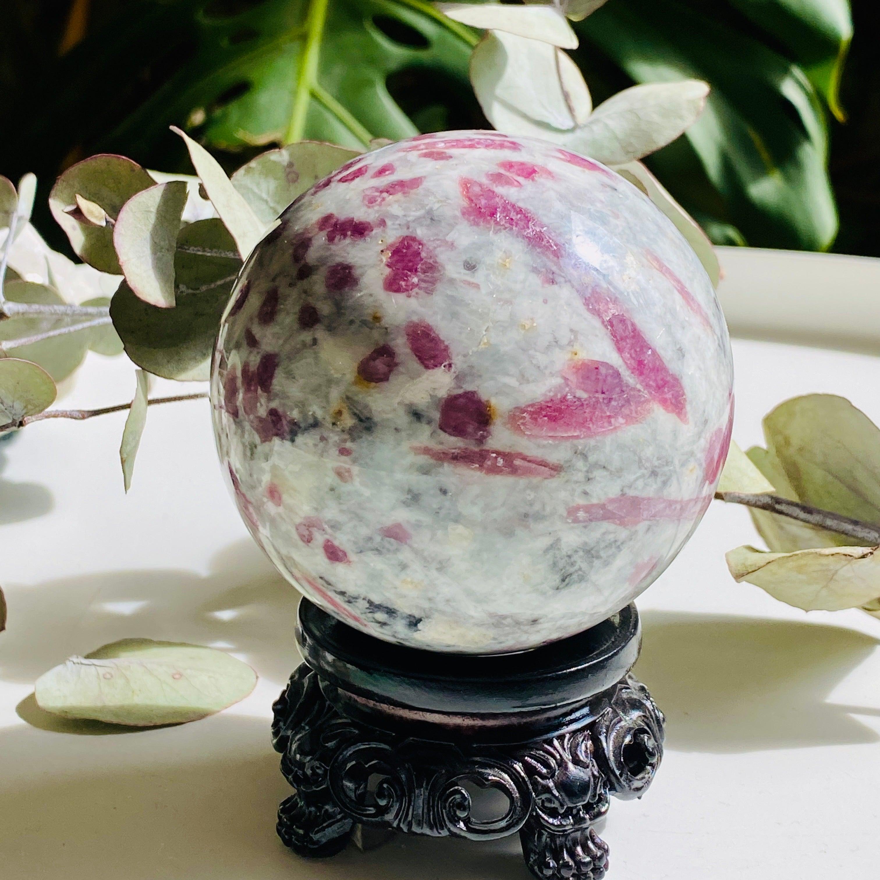 Natural Pink Tourmaline in Quartz Sphere - Healing Crystal for Meditation, Reiki & Home Decor (PTQS-01) | Spiritual Gift, Energy Stone & Feng Shui Decor