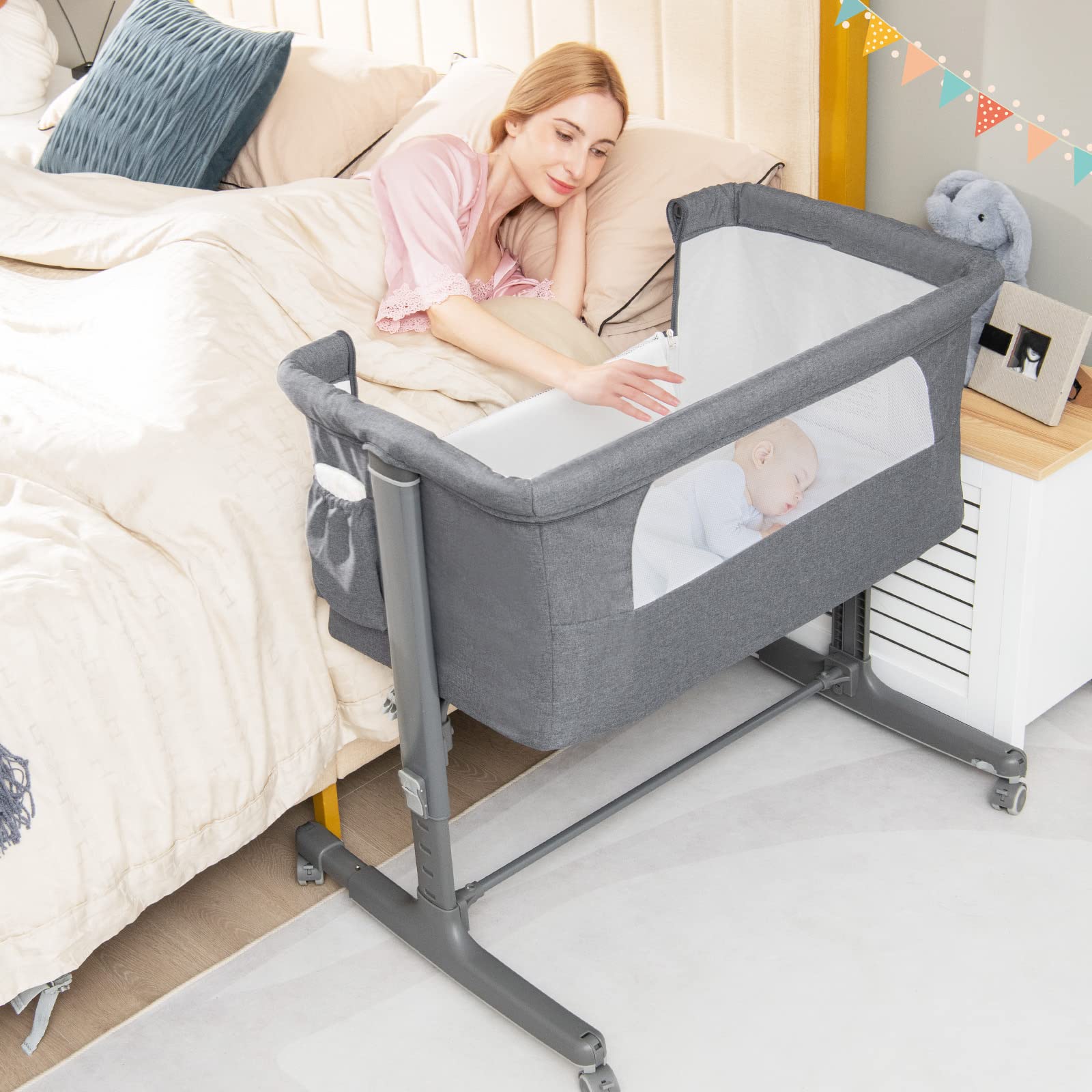 **BABY JOY 3-in-1 Adjustable Height Folding Bassinet & Bedside Sleeper with Mattress, Lockable Wheels, Storage Pocket & Carry Bag – Portable Crib for Newborns & Infants (Grey) – Ideal for Nursery, Travel & Co-Sleeping**