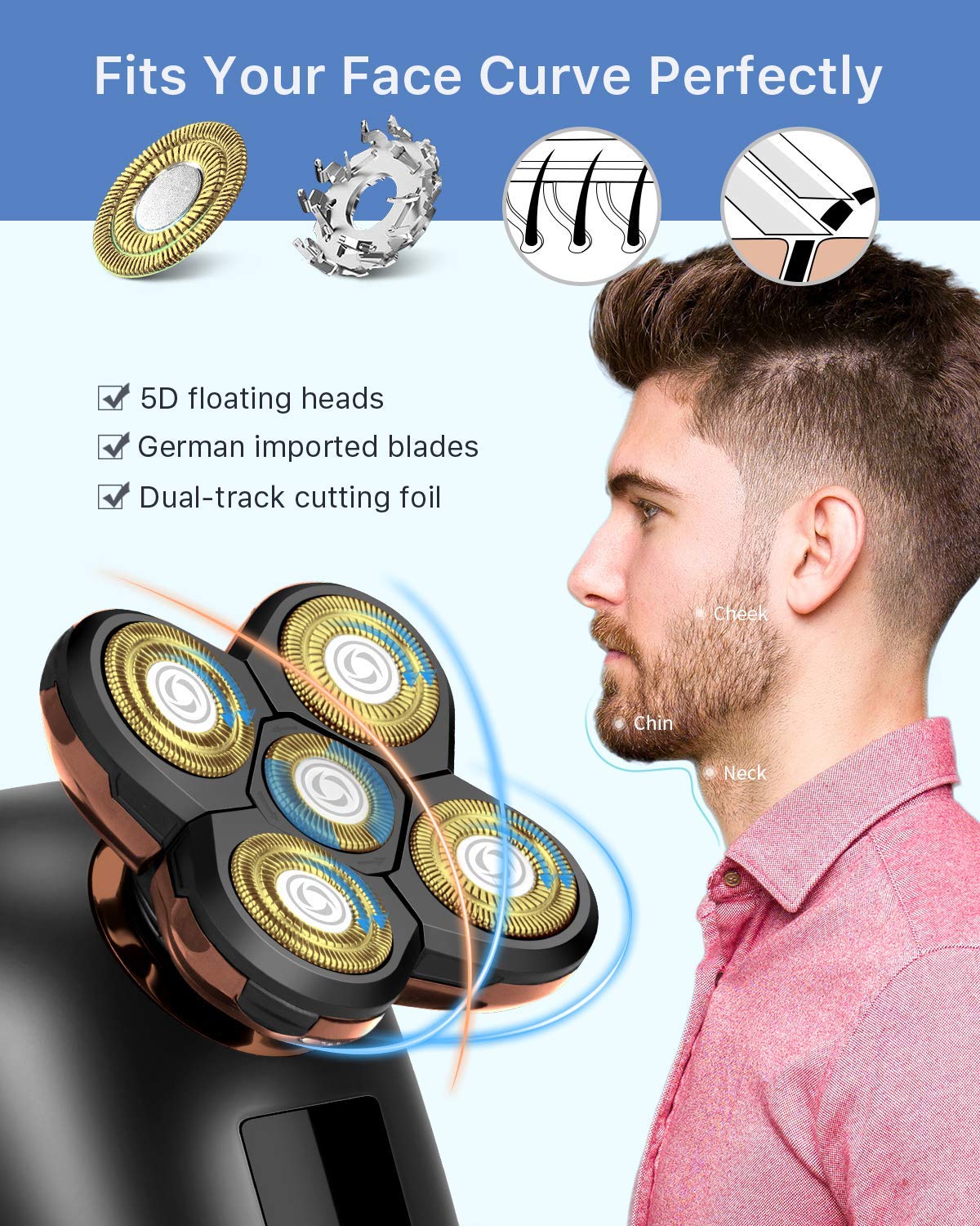 Premium 5-in-1 Electric Razor for Men - Rechargeable Shaver with Floating Heads, Hair Clipper, Nose/Ear Trimmer & Facial Cleaning Brush (Golden) - Perfect for Travel, Home Use & Grooming Kits