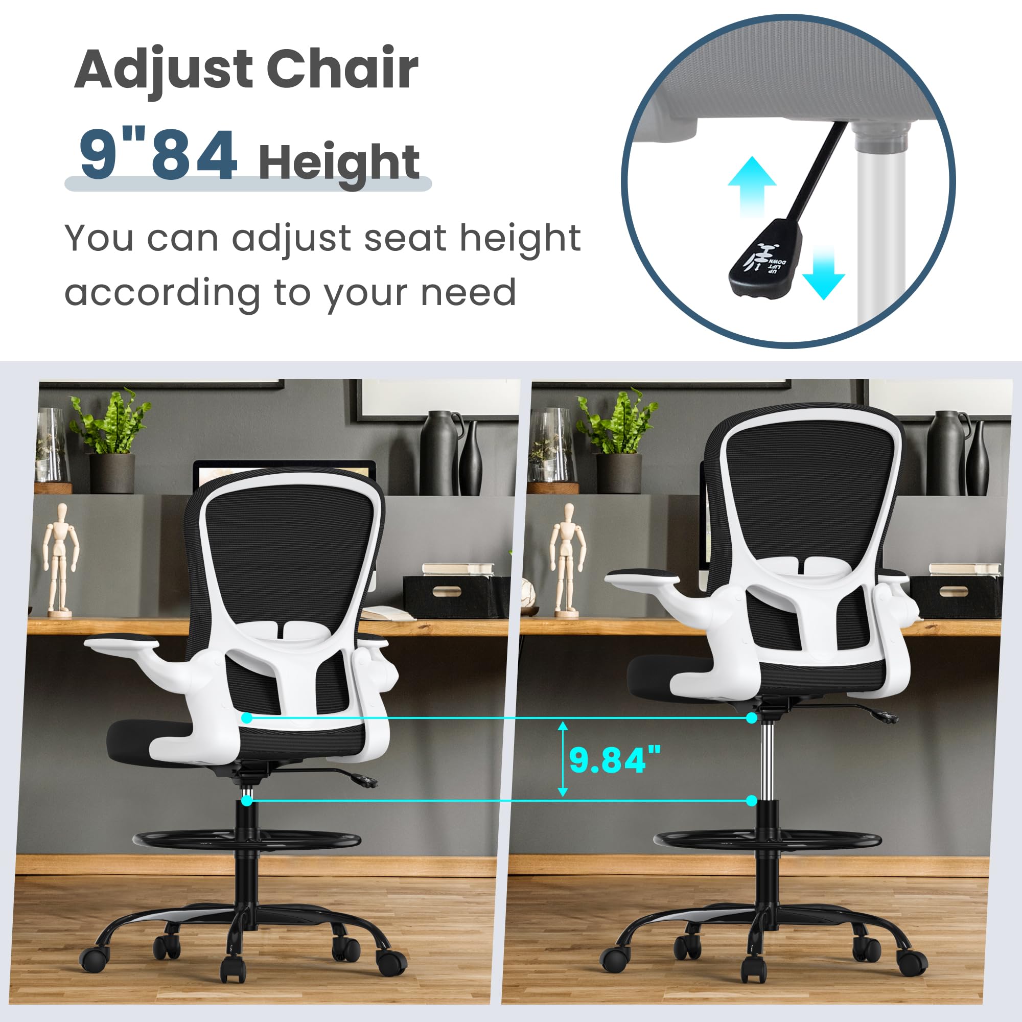 Ergonomic Drafting Chair with Flip-Up Armrests & Adjustable Footrest - Tall Office Chair for Standing Desks - Executive Computer Chair with Lumbar Support - Perfect for Architects, Designers & Home Office Workspaces