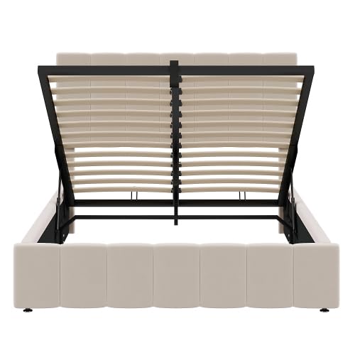 Harper & Bright Designs Full Size Platform Bed with Storage Underneath - Upholstered Bed Frame with Headboard & Hydraulic Storage System, Beige - Perfect for Small Bedrooms, Guest Rooms & Space-Saving Solutions