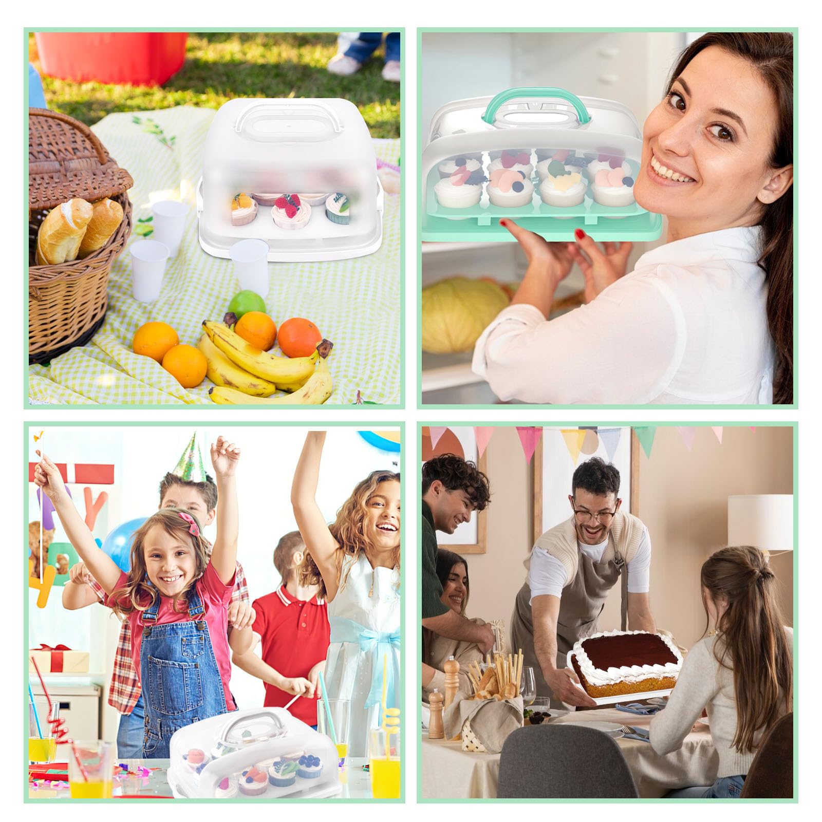 VGOODALL 12-Cupcake Cake Carrier with Lid - 2-in-1 Portable Dessert Container for Cakes, Pies, Muffins & Cobblers | Green Baking Storage Box for Parties, Picnics & Potlucks