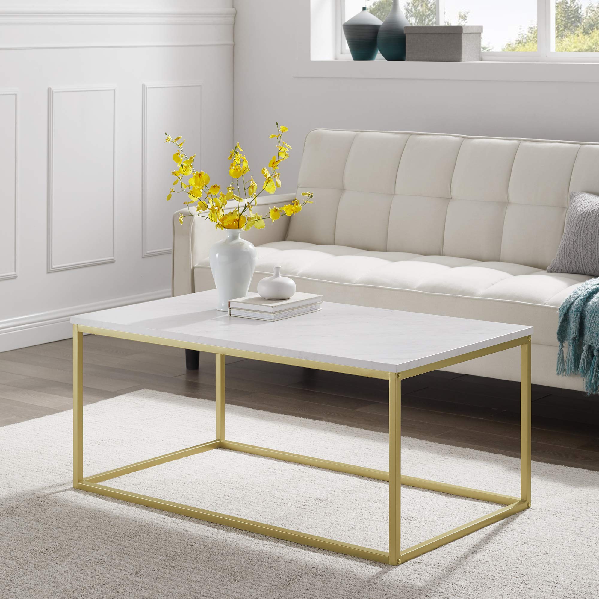 Walker Edison Modern Marble and Metal Frame Coffee Table - 42 Inch Rectangle Ottoman with Gold Accents for Living Room - Perfect for Sofa Sets, Lounge Areas and Home Decor