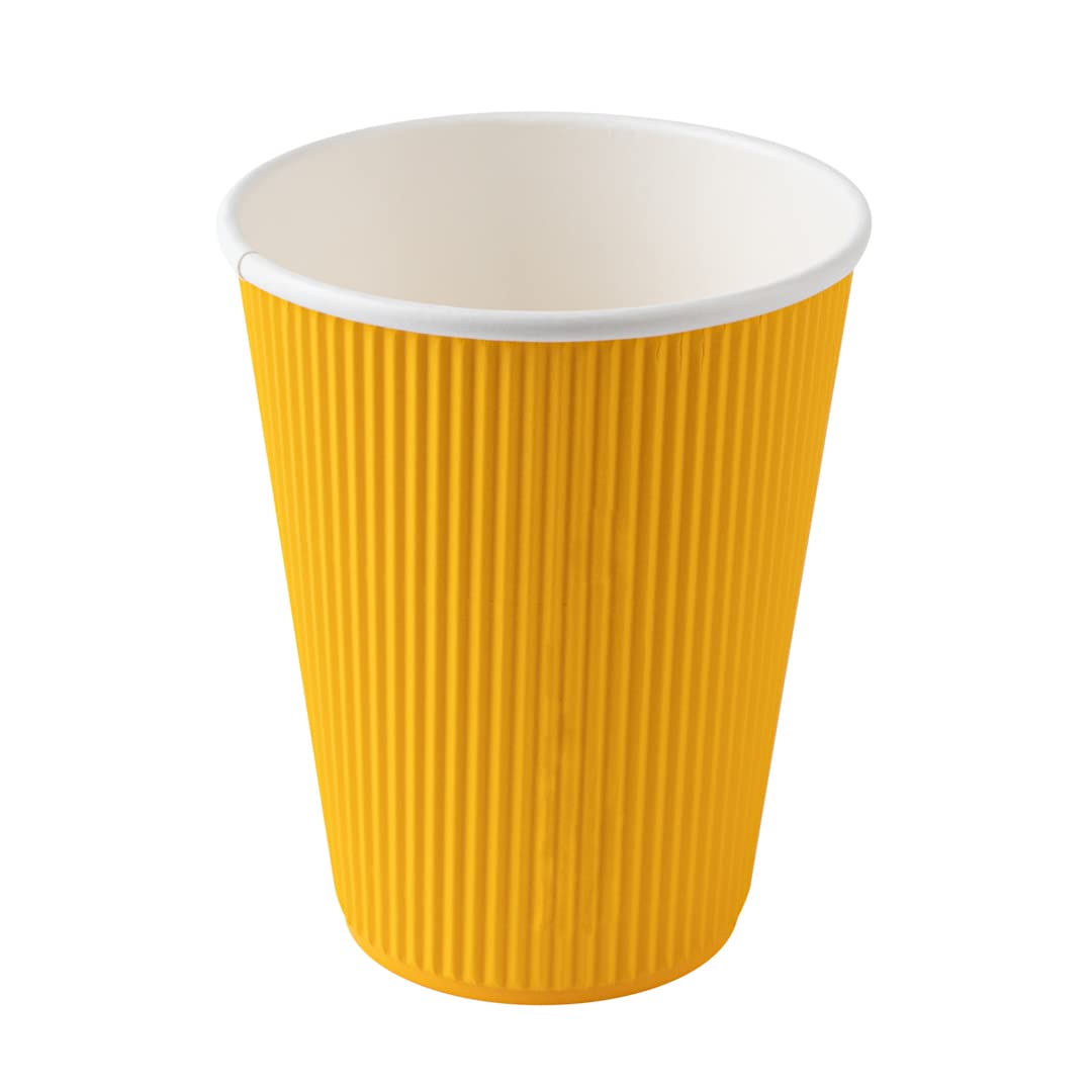 12oz Insulated Coffee Cups with Lids - 200 Pack Leakproof Disposable Hot Drink Cups for Restaurant, Cafe & Office | Yellow Ripple Wall Paper Cups for Coffee, Tea, Hot Chocolate & Lattes | BPA Free & Non-Slip Design