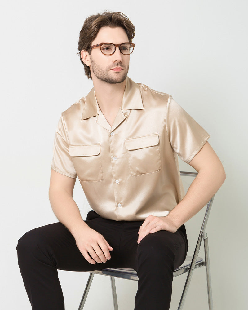 Premium Silk Men's Short Sleeve Shirt with Two Pockets - Breathable & Lightweight for Summer, Business Casual & Travel