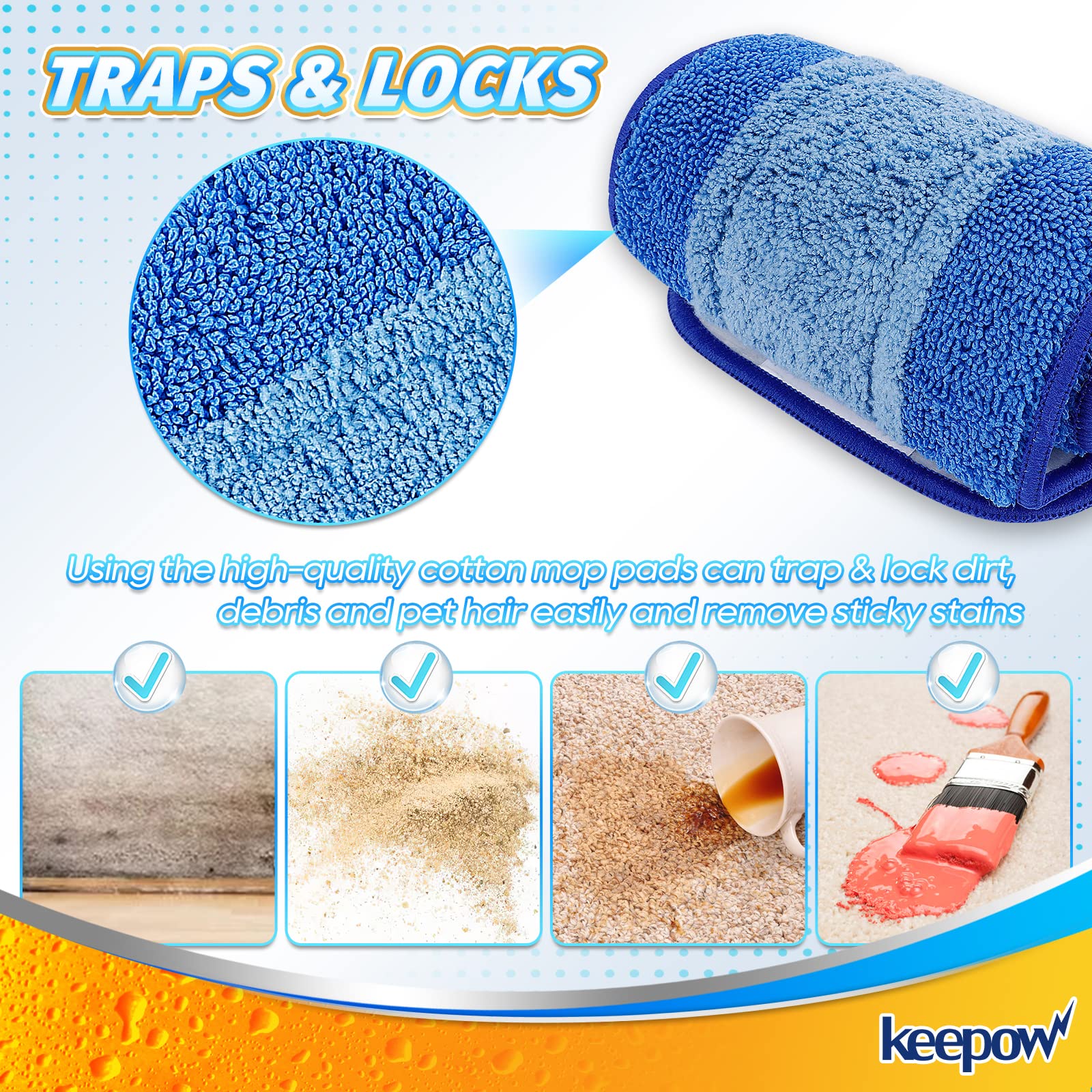 KEEPOW 18 Inch Microfiber Cleaning Pads for Mop - Washable & Reusable Replacement Pads for Hardwood Floors, Laminate & Hard Surface Cleaning (6 Pack) - Perfect for Daily Floor Maintenance & Deep Cleaning