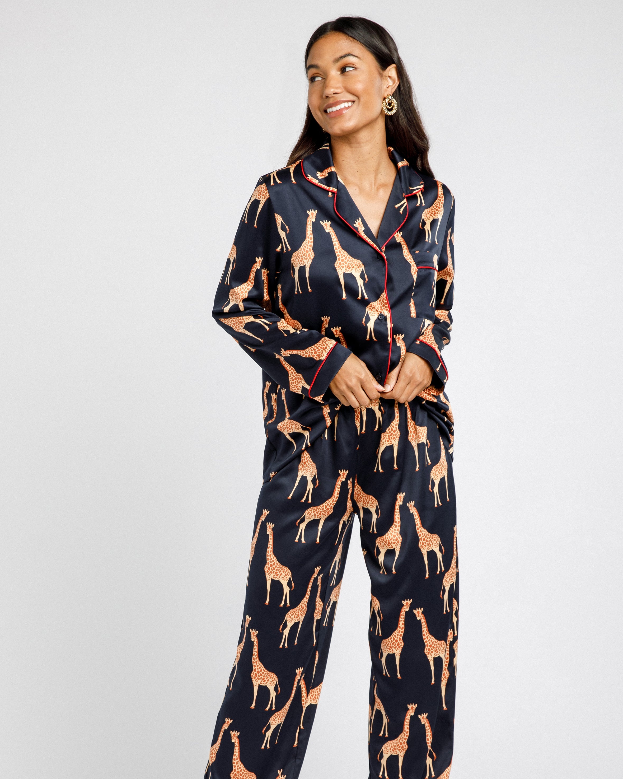 Satin Giraffe Print Long Pajama Set for Women - Soft & Comfortable Sleepwear - Navy Blue Animal Print Pajamas for Lounge, Sleep & Relaxation at Home