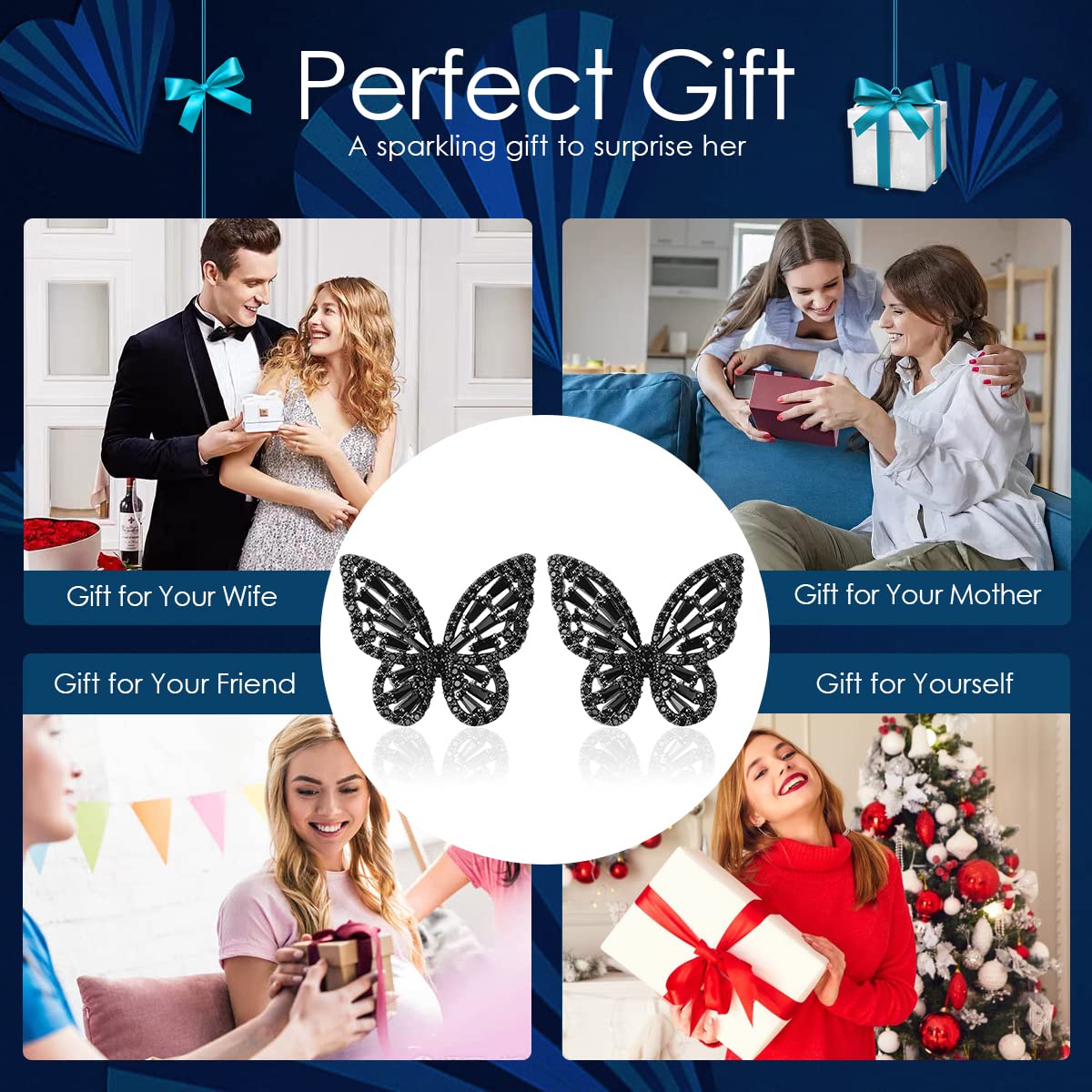Sparkling Rhinestone Butterfly Bow Earrings for Women - 14K Gold Plated Cubic Zirconia Sterling Silver Stud Drop Dangle Earrings | Hypoallergenic Cute Jewelry Gift for Mother, Valentine's Day, Prom, Wedding & Bridal Party | Perfect for Date Night, Anniversary Celebration and Special Occasions