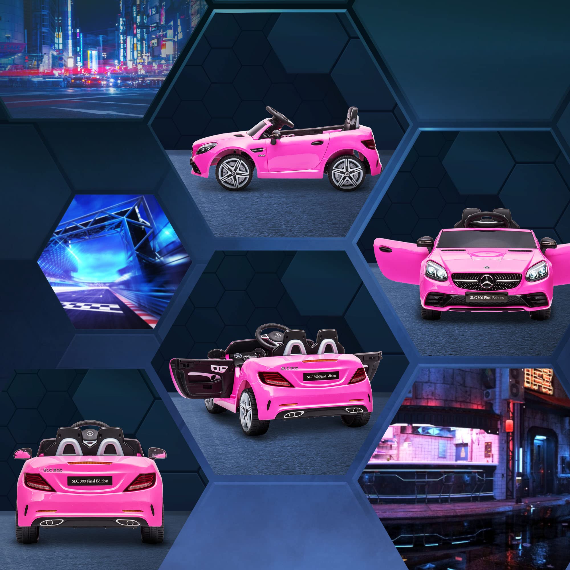 **Mercedes SLC 300 Licensed Kids Electric Ride-On Car with Remote Control – 12V Battery-Powered, Music, Lights & Suspension – Pink Toy Car for Ages 3-6 | Perfect for Outdoor Play, Birthday Gifts & Pretend Driving Fun**