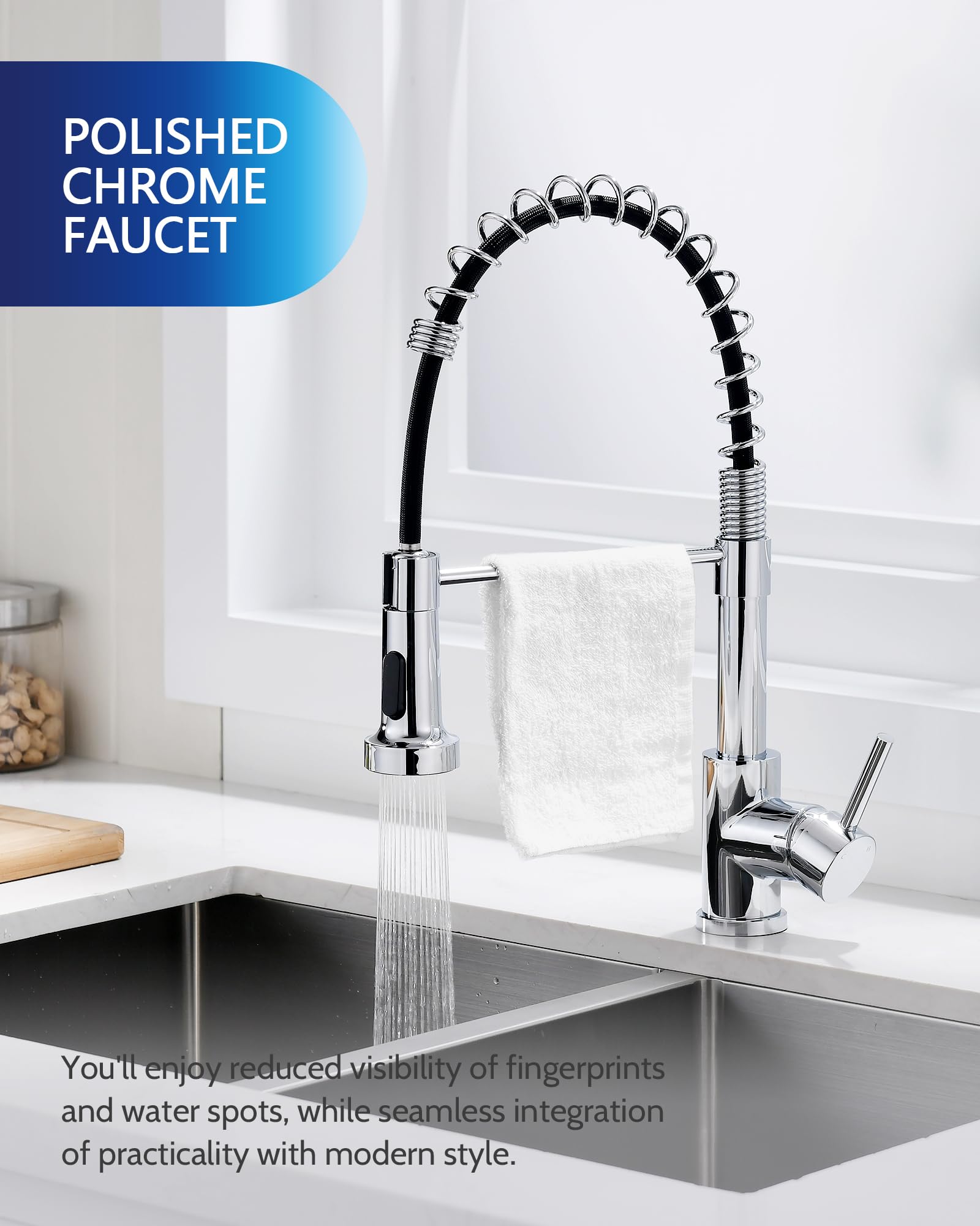 Polished Chrome Kitchen Faucet with Pull Down Sprayer - Modern Stainless Steel Spring Design for Efficient Cleaning | Perfect for RV, Farmhouse, Utility Sink, Laundry Room & Camper Use
