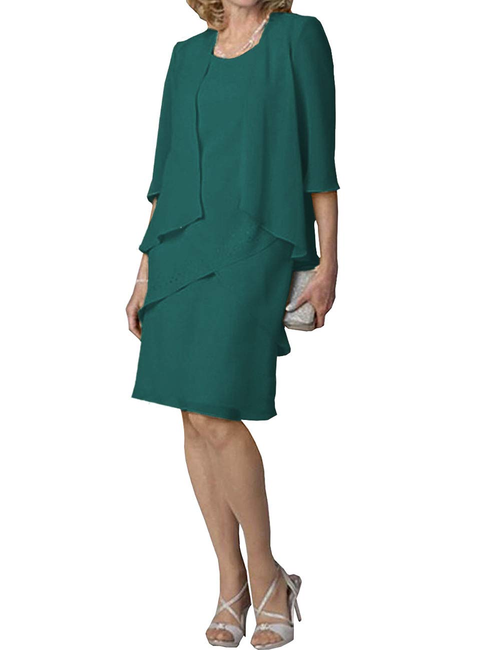 Elegant Mother of The Bride Dress - Short Formal Evening Gown with 3/4 Sleeve Chiffon Jacket & Tiered Skirt | Perfect for Weddings, Cocktail Parties & Special Occasions