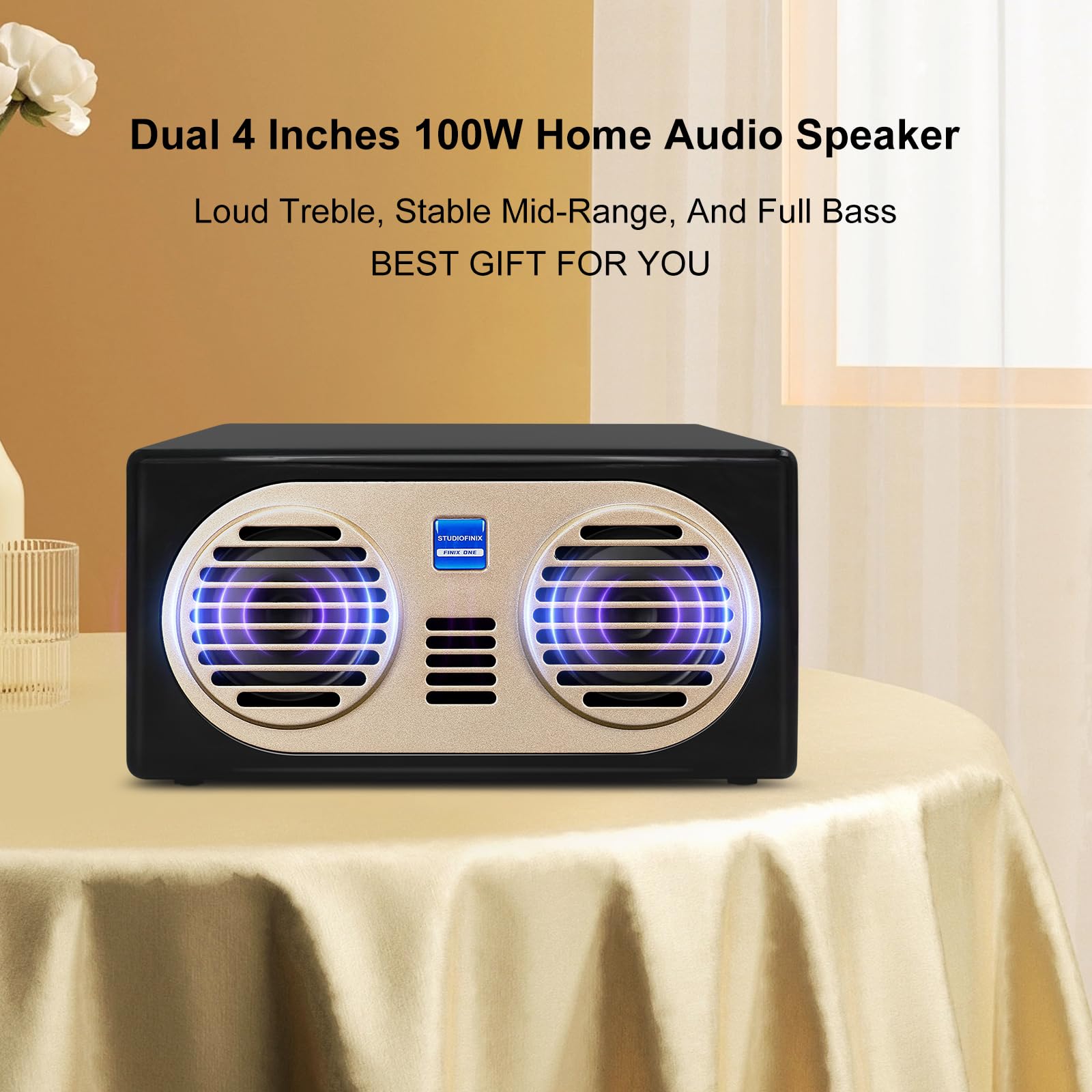 STUDIOFINIX 100W Wireless Bluetooth Bookshelf Speakers - 4 Inch Wooden Retro Home Audio System with Bluetooth for Home, Party, Office (Black) | Perfect for Living Room, Bedroom, Outdoor Gatherings & Workspace