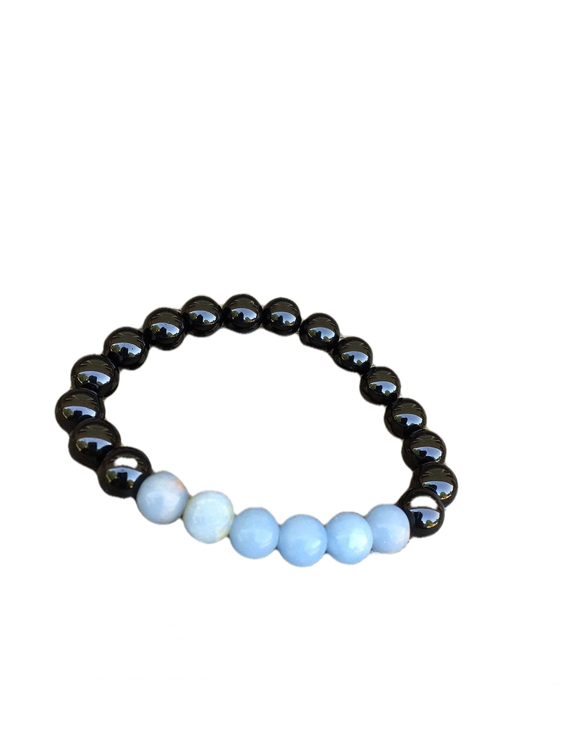 6mm Angelite & Black Tourmaline Beaded Yoga Bracelet - Meditation & Energy Healing Crystal Bracelet - Boho Chic Adjustable 7