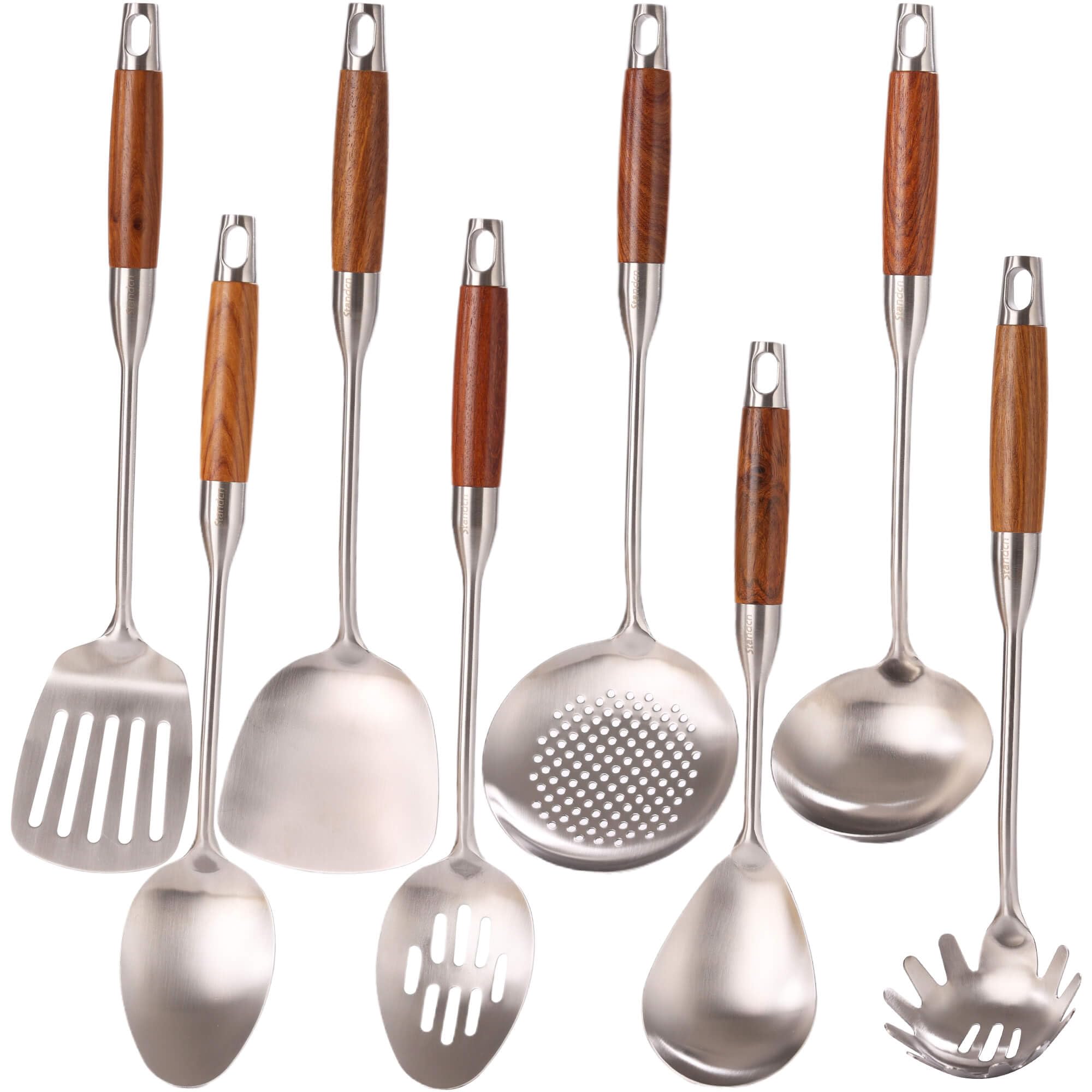 Premium 18/10 Stainless Steel Kitchen Utensil Set with Ergonomic Wood Handle - 8-Piece Cooking Spoons Set (15