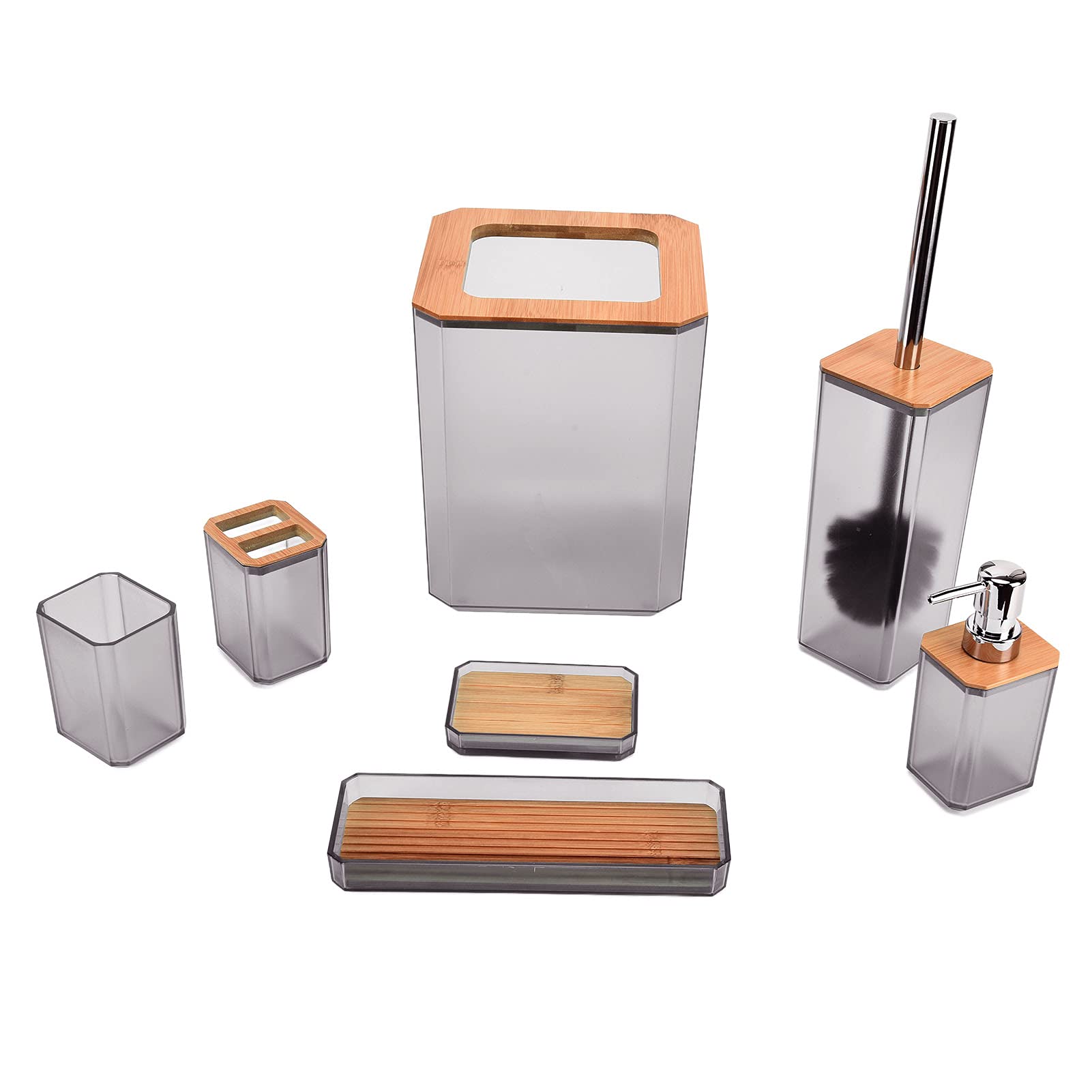 FIYO 7-Piece Bamboo Bathroom Accessories Set - Includes Soap Dish, Toothbrush Holder, Cup, Soap Dispenser, Trash Bin & Toilet Brush with Holder - Eco-Friendly Bathroom Organizer for Home & Hotel Use (Grey)