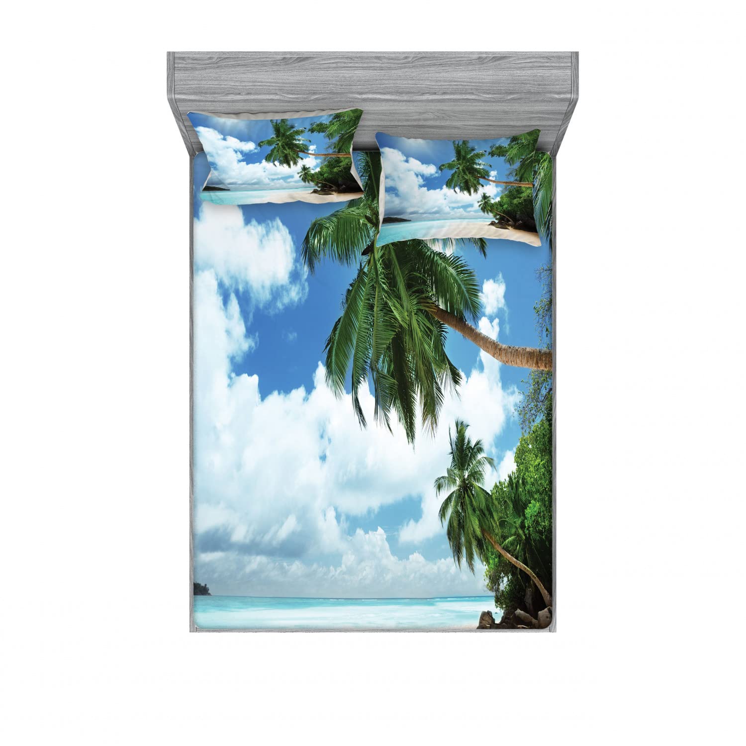 Ambesonne Jungle 2-Piece King Size Fitted Sheet Set with 4 Pillow Shams - Tropical Palm Leaf Island Lagoon Design in Green Blue Aqua Colors - Soft Bedding Decor for Master Bedroom, Guest Room & Vacation Homes