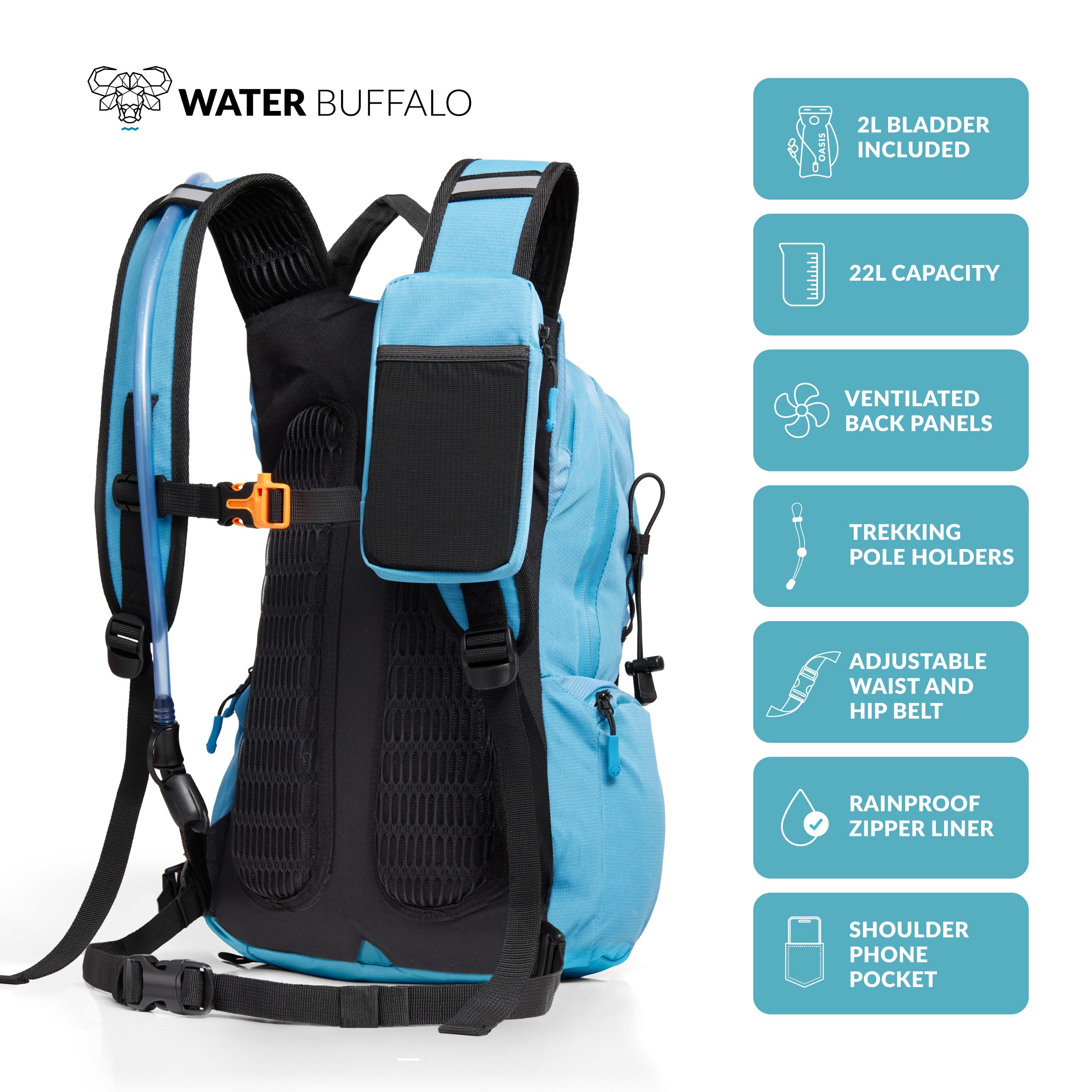 Sherpa 22L Water Buffalo Hydration Backpack with 2L Water Bladder - Lightweight Hiking Backpack with Waterproof Zippers, Phone Pocket & Trekking Pole Holders - Perfect for Hiking, Camping & Outdoor Adventures
