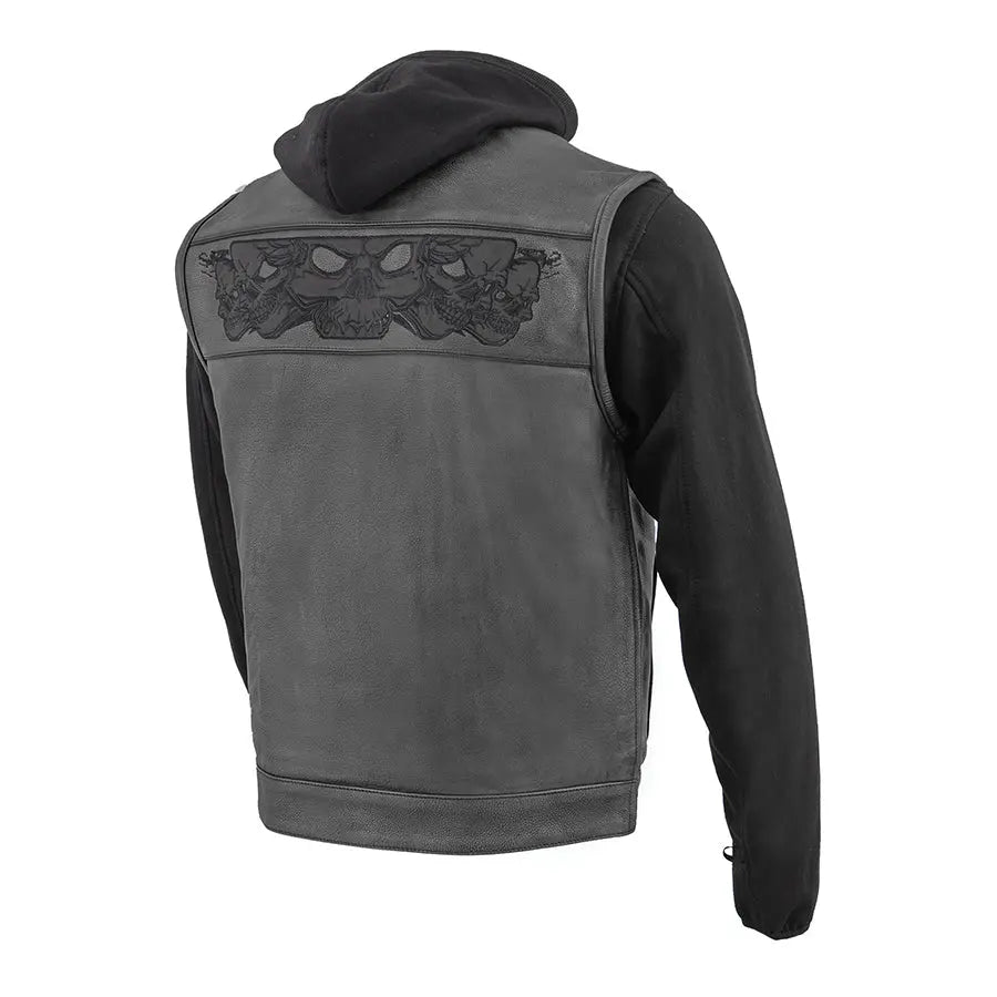 Milwaukee Men's Black Leather Vest with Reflective Skull Design & Hooded Liner - Motorcycle Riding, Biker Jacket for Harley Davidson, Outdoor Adventure Gear