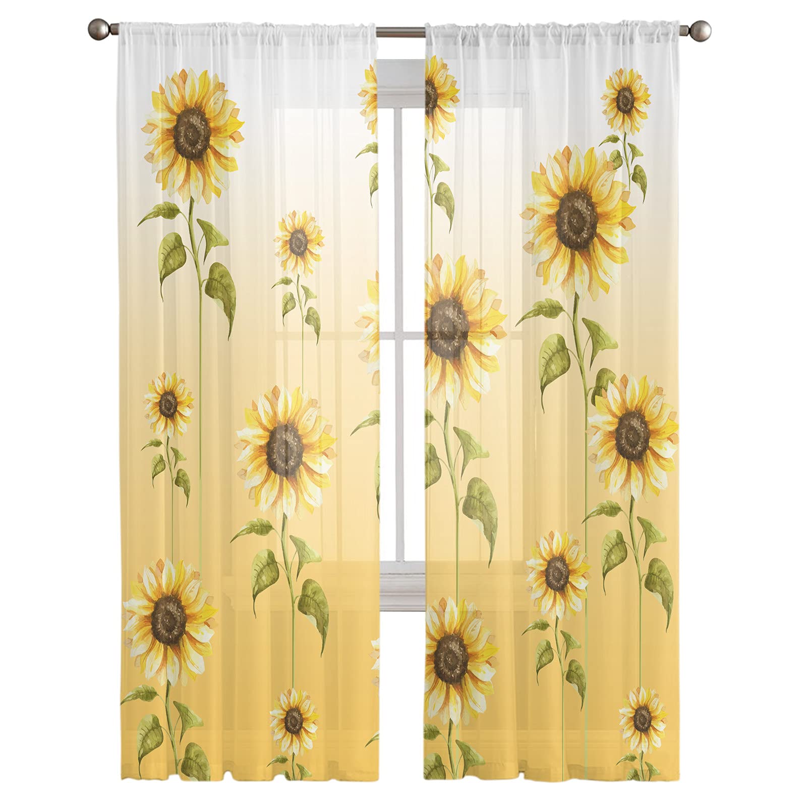 Sunflower Curtains Panels Set - Yellow Sheer Rod Pocket Kitchen Drapes for Privacy & Decor, Voile Window Curtains for Living Room, Bedroom, Summer Floral Home Decor, 52