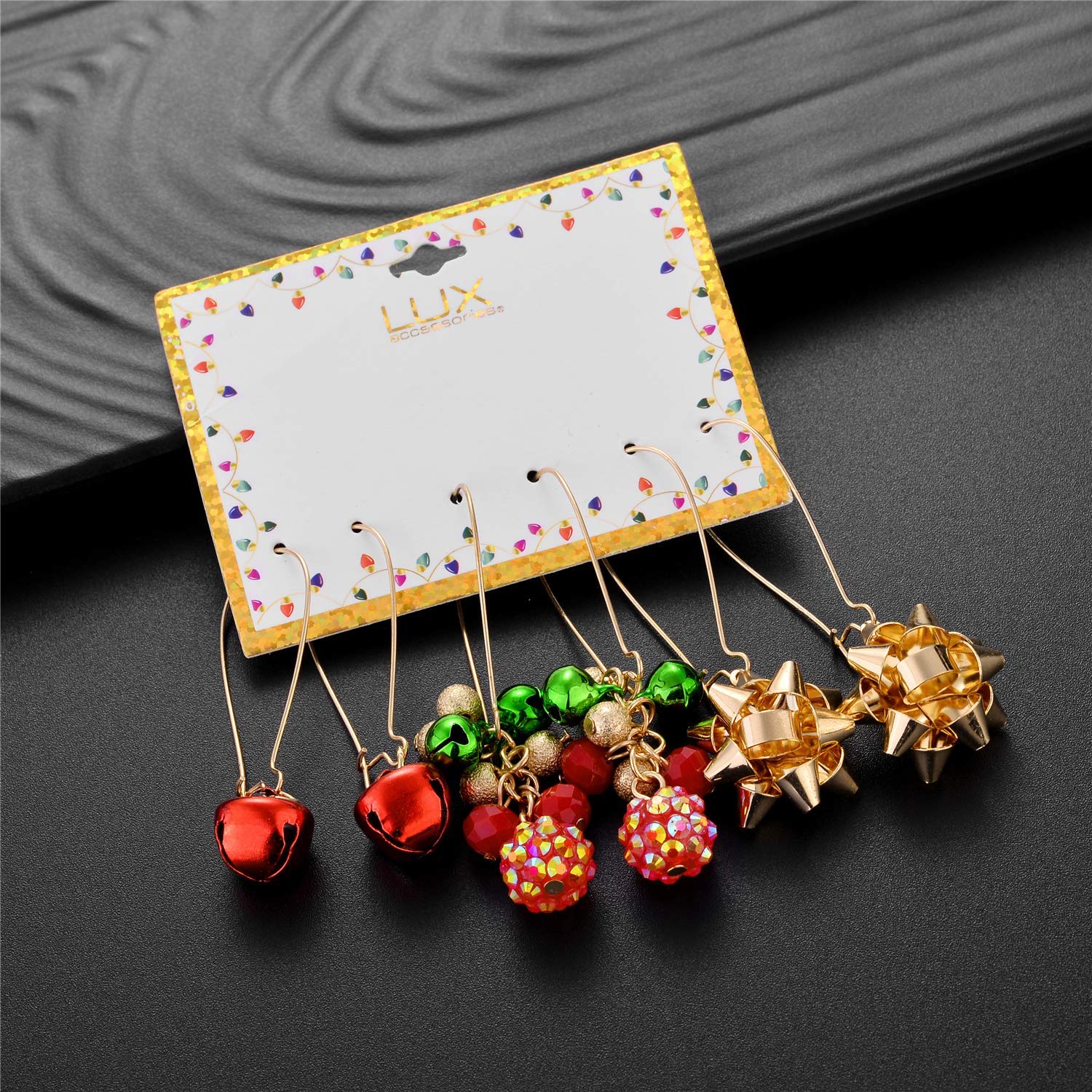 Lux Accessories Christmas Red Green Bells Gold Gift Ribbon Drop Earrings (3pc) - Perfect for Holiday Parties & Festive Gatherings