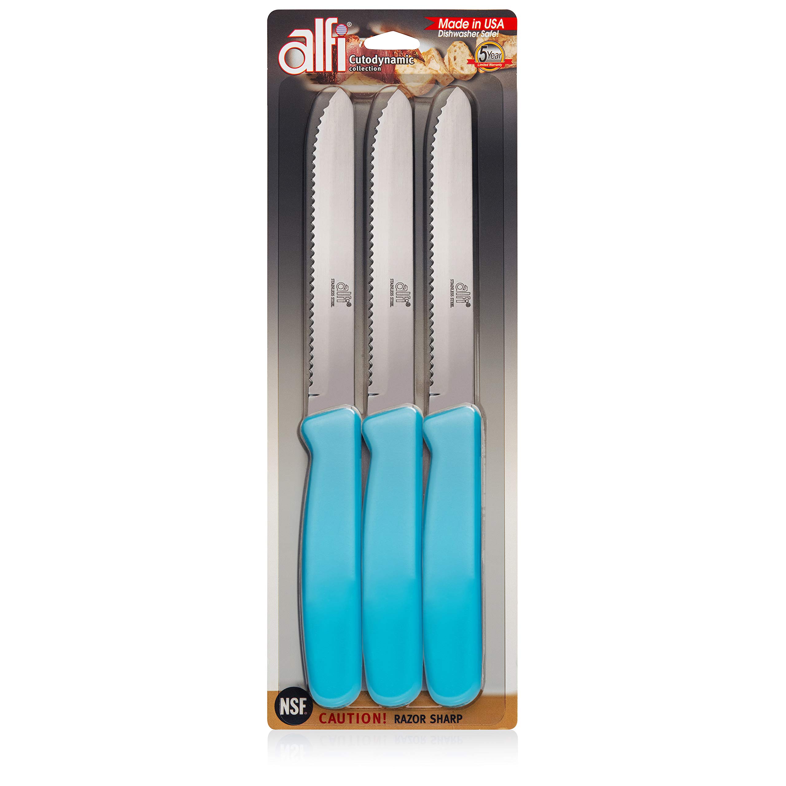 Alfi Premium 3-Piece Serrated Steak Knives Set - Aerospace Precision Rounded Tip All-Purpose Kitchen Knives - Made in USA (Bahama Blue) - Perfect for Steak Dinners, BBQ Parties & Home Kitchen Use