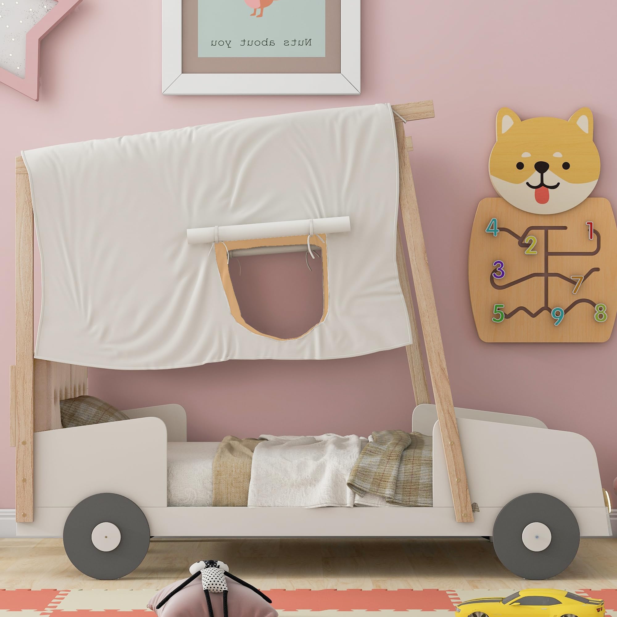 Twin Size Kids Car Bed with LED Lights & Headboard - Toddler Floor Bed Tent for Boys & Girls - Natural Wood Design - Perfect for Playrooms, Bedrooms & Sleepovers