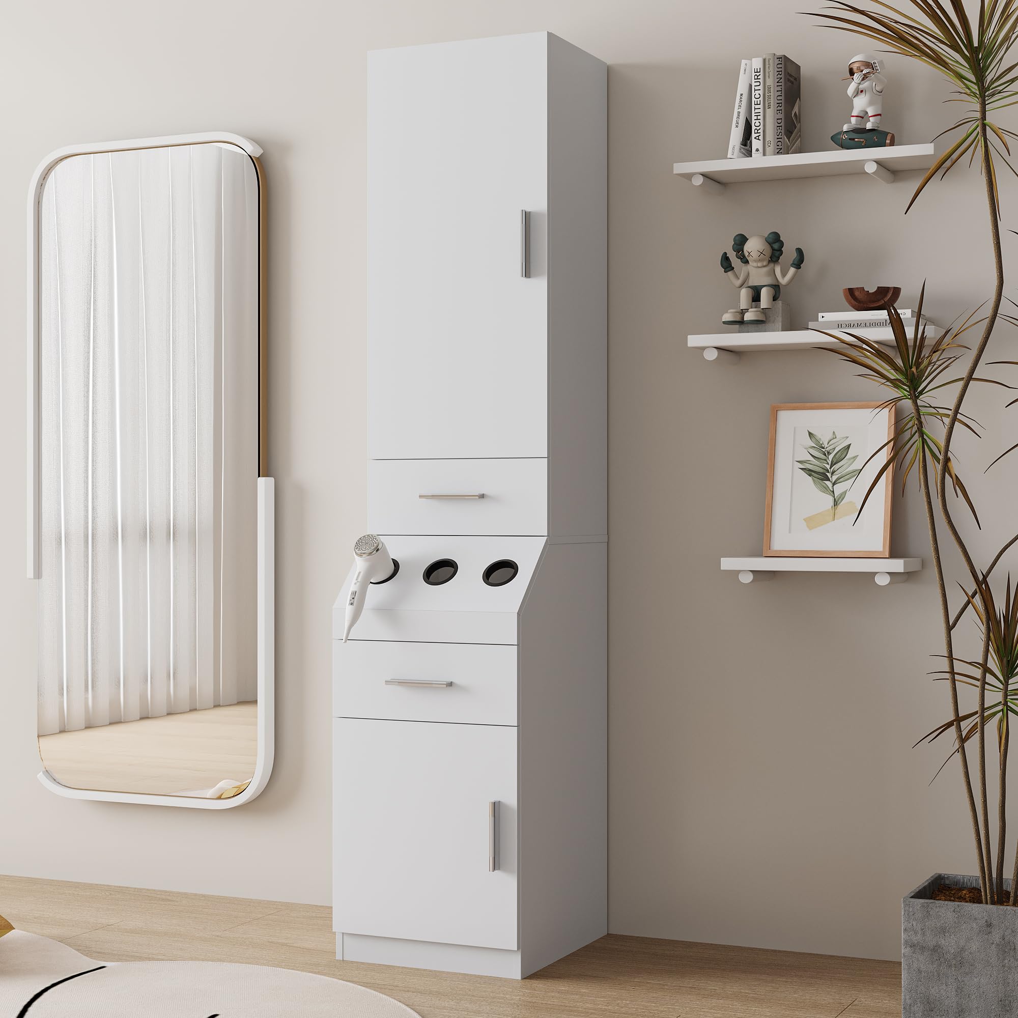 Professional Barber Station with 2-Tier Storage Shelf & 2 Drawers - Hair Styling Cabinet with Door, Large Storage & 3 Hot Tool Holders - Perfect for Salon, Home Hairdressing & Beauty Stations