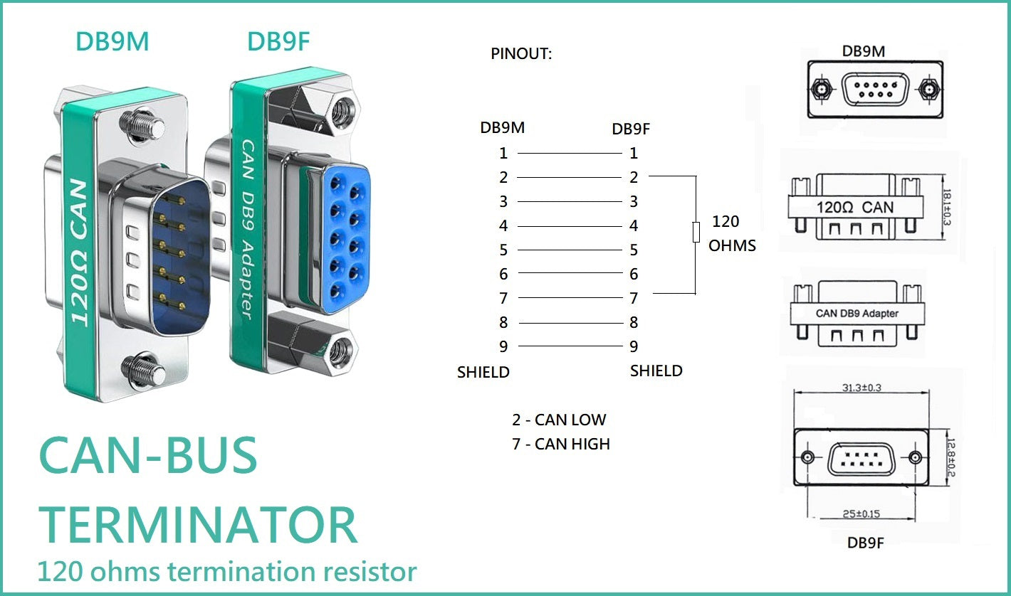 DB9 Male to Female Connector with Built-in 120 Ohm CAN Bus Terminating Resistor - Automotive, Industrial & Networking Applications