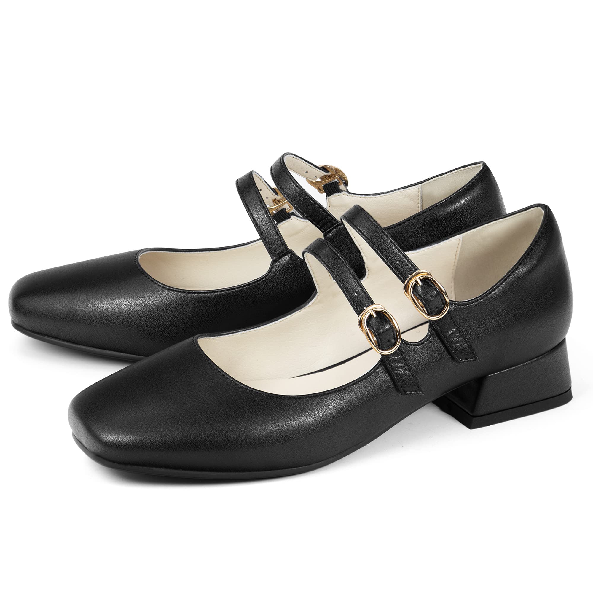 Women's Mary Jane Square Toe Flats - Double Ankle Strap Dressy Shoes with Chunky Block Low Heel | Comfortable & Elegant Casual Shoes for Work, Office & Everyday Wear