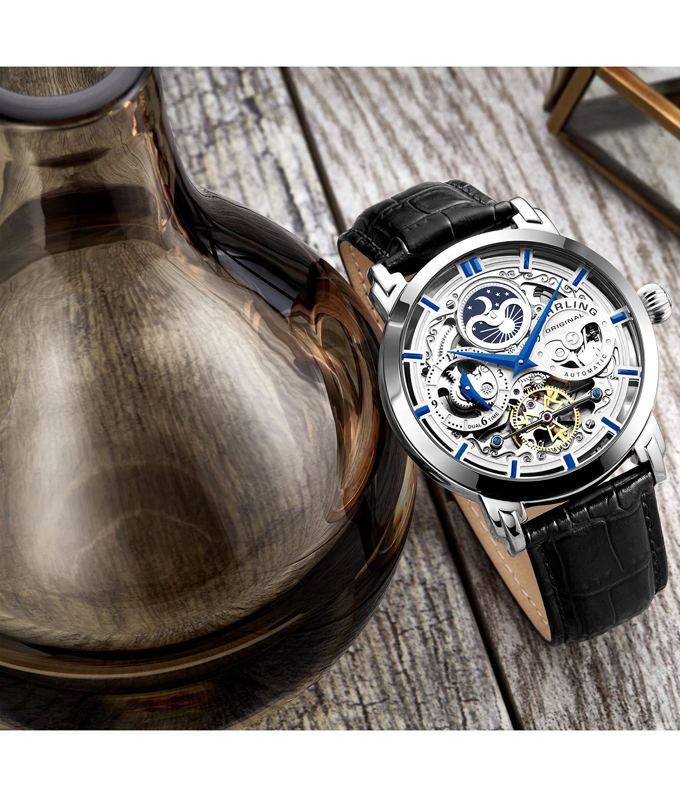 Stuhrling Original Legacy Men's Automatic Watch - 46mm Stainless Steel Case, Genuine Leather Strap, Black Dial | Perfect for Business, Formal & Casual Wear