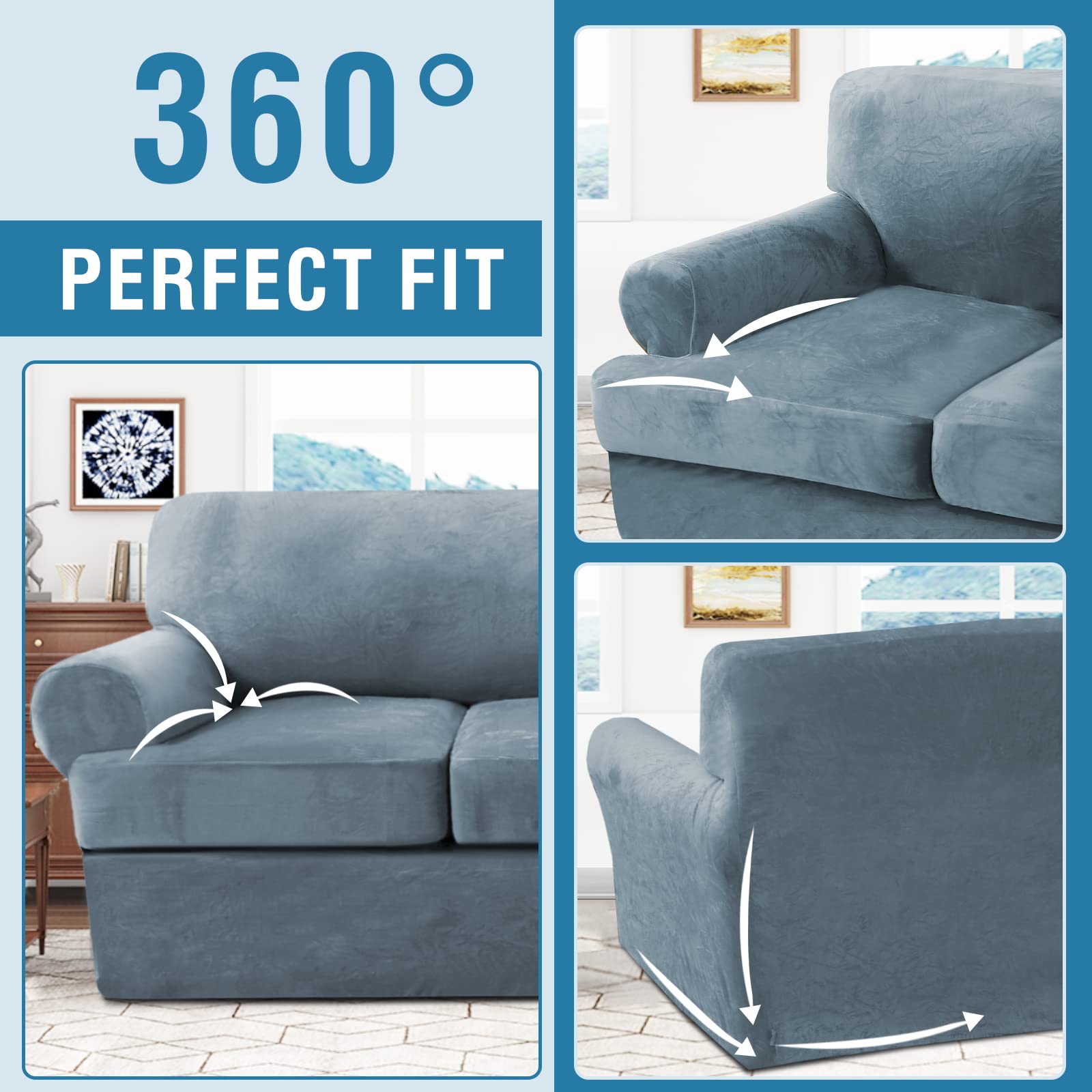 H.VERSAILTEX 3-Piece Velvet Sofa Cover Set - Stretchable Couch Slipcover for 2-Cushion Sofa with T-Shaped Covers, Thick Furniture Protector, Washable (Stone Blue) - Perfect for Living Room, Home Decor & Pet Protection