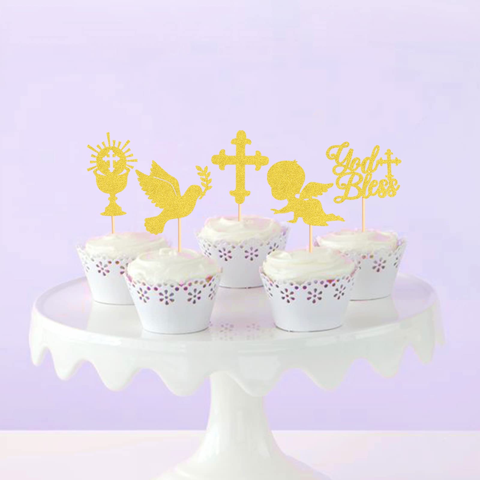 35 Pack Gold Cross Cupcake Toppers - God Bless Baptism & Baby Shower Party Decorations - Perfect for Christening, First Communion, Religious Celebrations & Christian Events