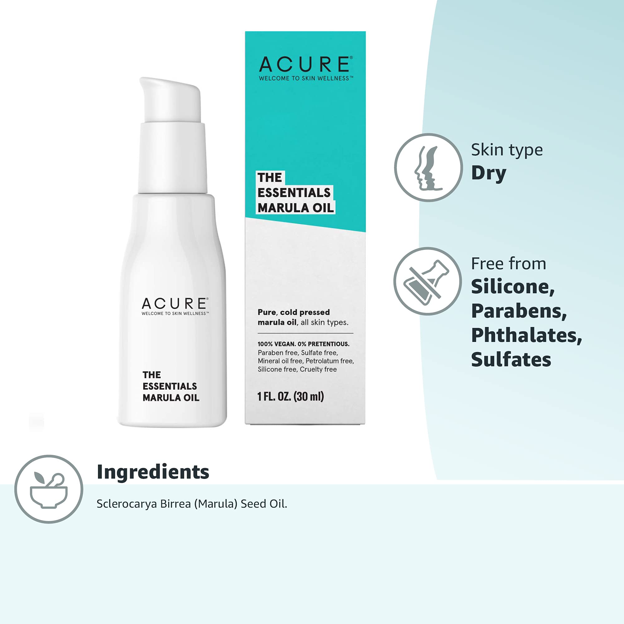 Acure The Essentials 100% Pure Marula Oil for Dry Skin & Hair – 1 Fl Oz | Hydrating & Nourishing Treatment for Face, Scalp & Body | Vegan & Cruelty-Free