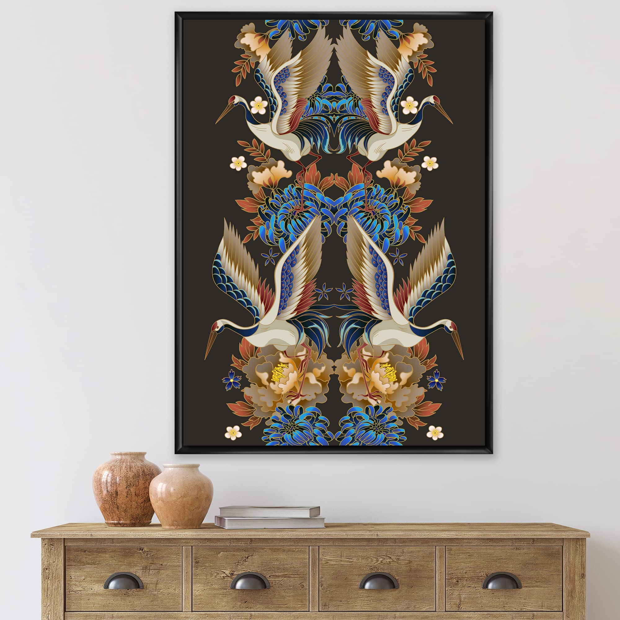 DesignQ Chinoiserie With Birds and Peonies IX - Traditional Framed Canvas Wall Art Print - Elegant Home Decor for Living Room, Bedroom & Office