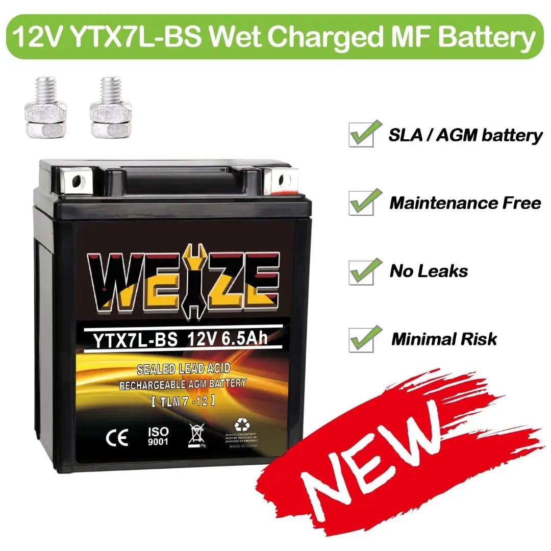 WEIZE YTX7L-BS 12V 6.5Ah High Performance AGM Battery - Maintenance Free, Sealed, 100CCA - Compatible with Honda, Kawasaki, Suzuki ATV & Motorcycles - Perfect for Off-Road, Powersports & Outdoor Adventures