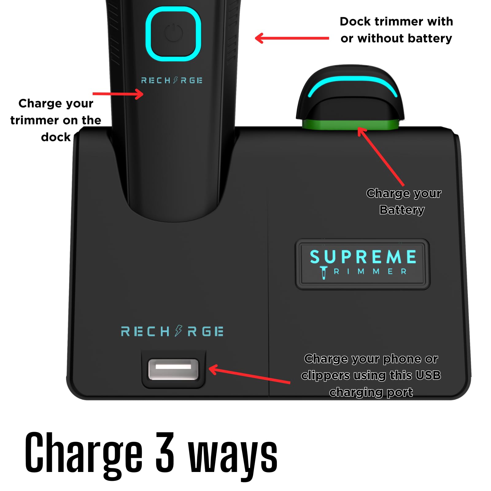 Supreme ST777 Professional Rechargeable Zero Gap Hair Trimmer for Barbers - 7500 RPM High Power, Removable Lithium Battery, Smart USB Charging Stand with Phone Charger (iPhone/Android Compatible) - Perfect for Salon, Home Haircuts & Beard Grooming - Matte Black
