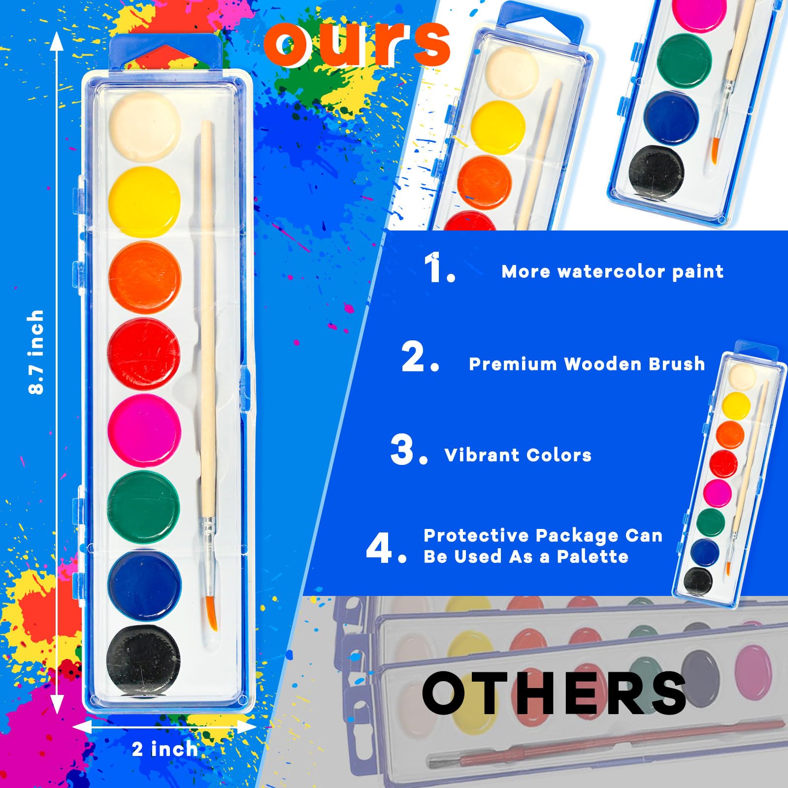 36 Pack Kids Watercolor Paint Set - 8 Vibrant Washable Colors with Paintbrush | Bulk Art Supplies for Classroom, Birthday Party Favors & Creative Painting Activities