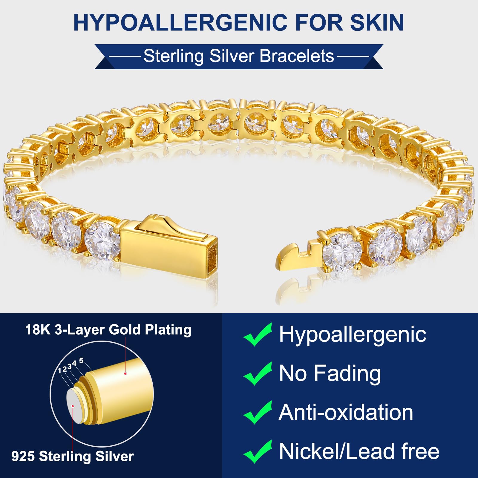 TUHE 1.92ct-21ct Moissanite Tennis Bracelet for Women & Men - 18k Gold Plated 925 Sterling Silver, 6-8.5 Inch, Lab Grown D Color VVS1 Round Cut Stones - Perfect for Mother's Day Gifts, Anniversary Jewelry & Elegant Evening Wear